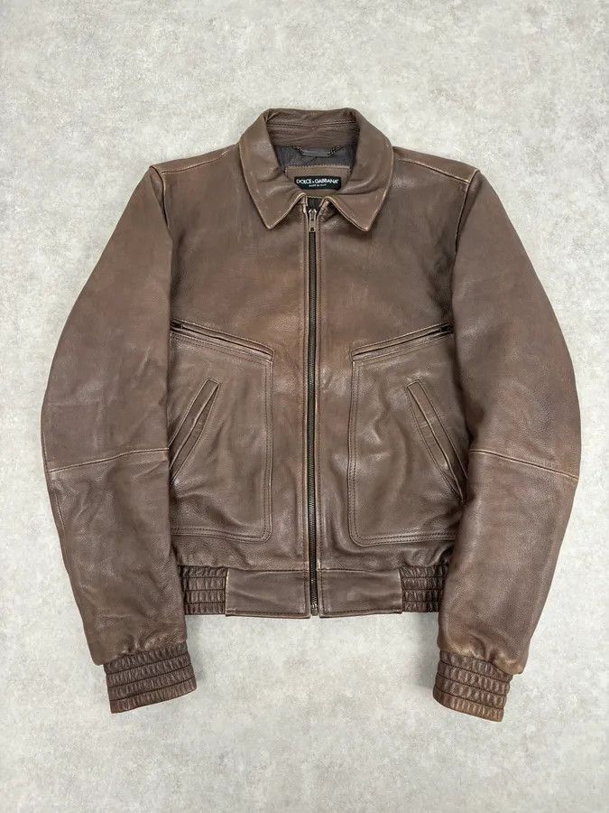 Dolce & Gabbana 2010s Dolce & Gabbana Brown Taupe Leather Bomber Jacket Size US M / EU 48-50 / 2 - 1 Thumbnail