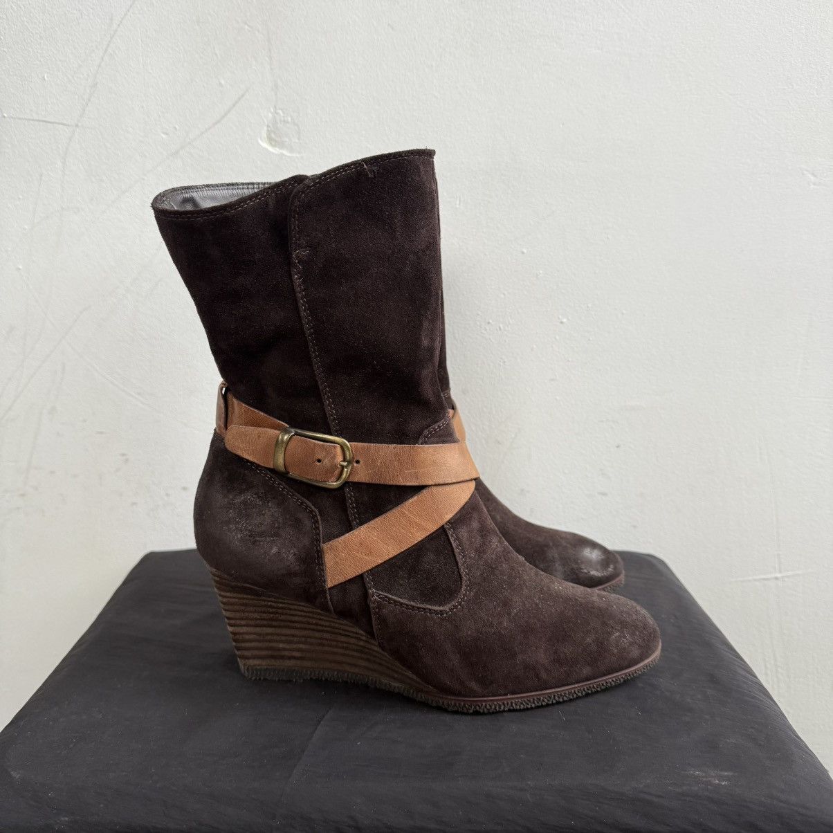 Japanese Brand Paul Green Brown Suede Wedge Boots With Buckles Size US 8 / IT 38 - 1 Thumbnail