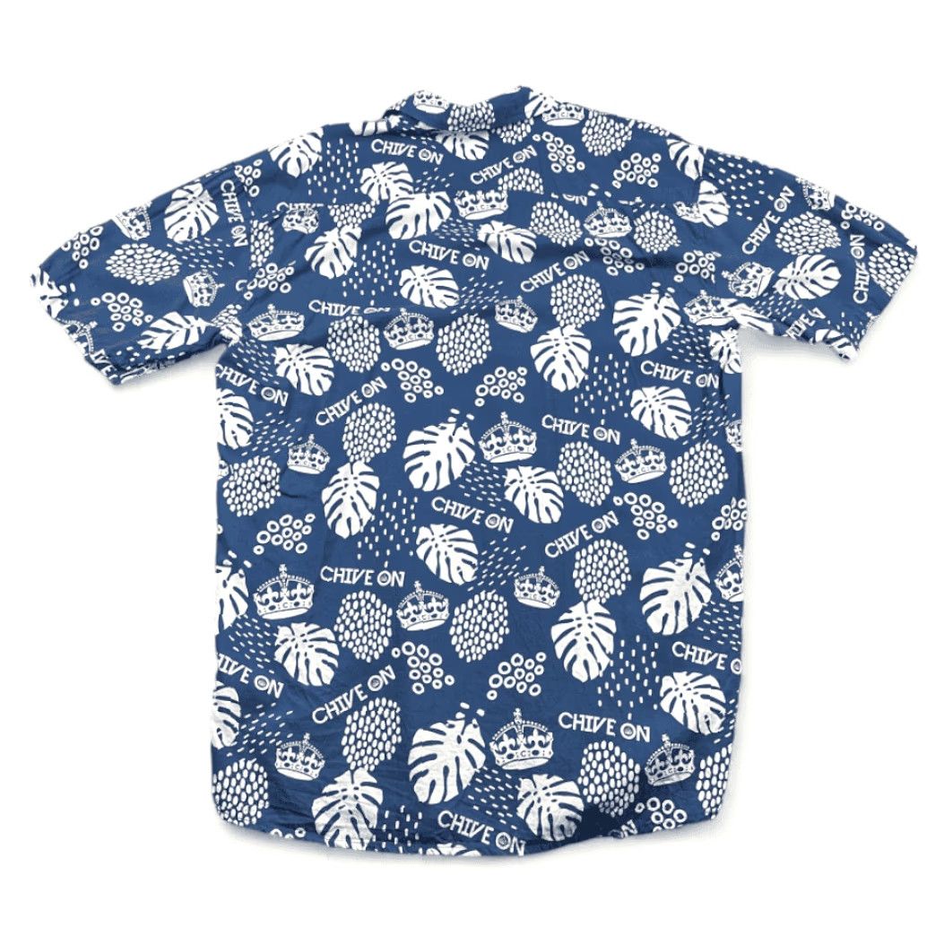 Vintage Chive On Hawaiian Shirt Blue White Botanical Crown Tipsy Elves Adult 2XL Shirt Mens Short Sleeve Button-Up Cotton Blend Graphic Print Vintage No Size US XXL / EU 58 / 5 - 2 Thumbnail