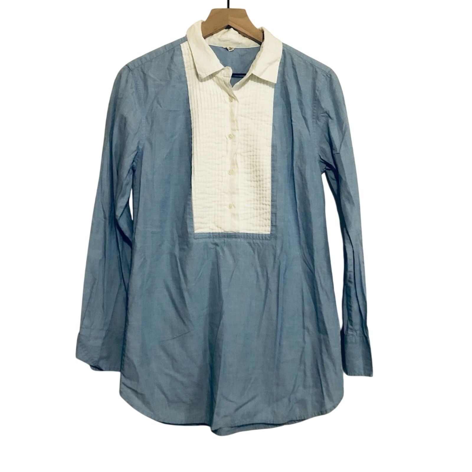 J.Crew J. Crew Cotton Blue White Tuxedo Collar Button Up Tunic Top Size S / US 4 / IT 40 - 1 Thumbnail
