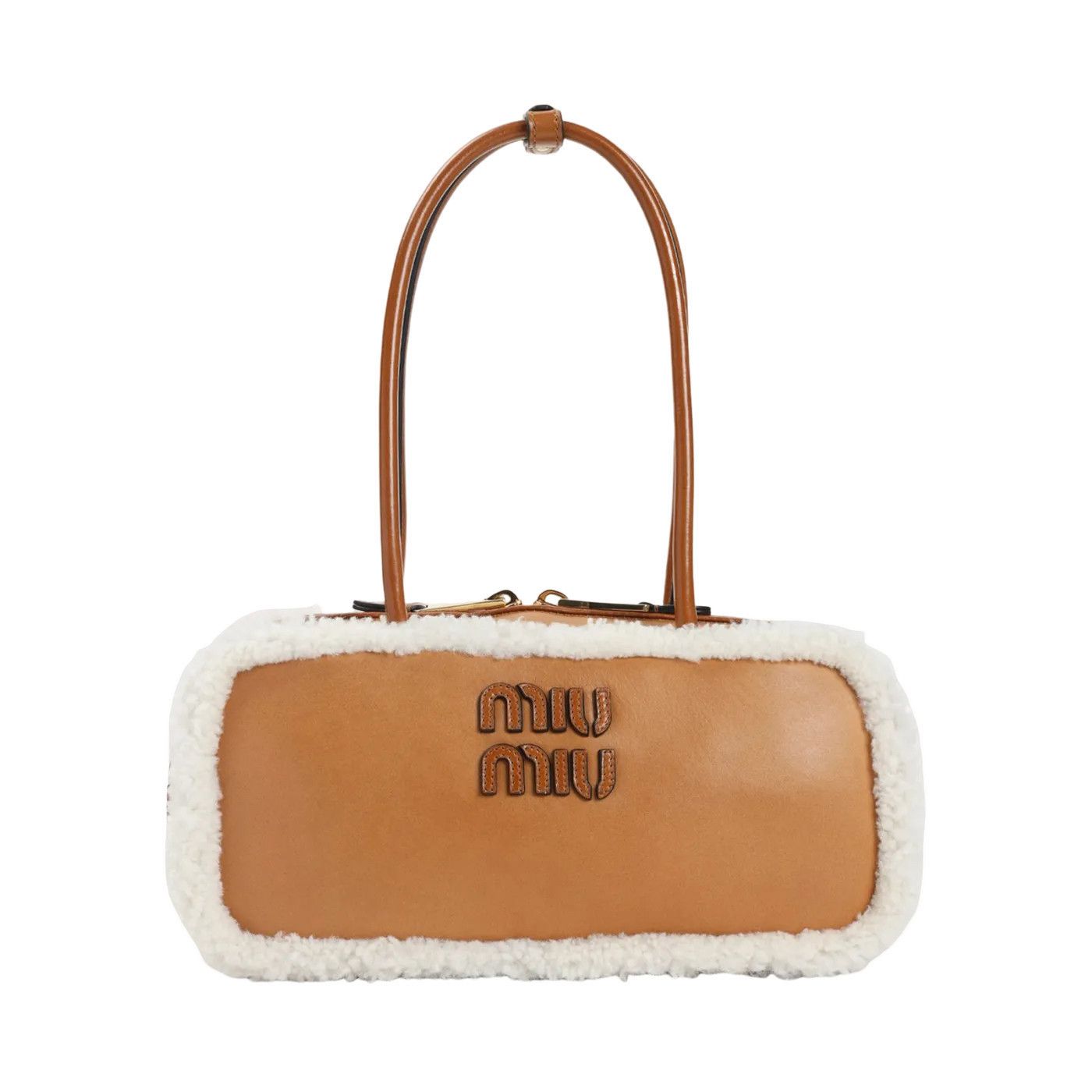 MIU MIU Beau $3900 Cognac/Natural Shearling Top Handle Bag N