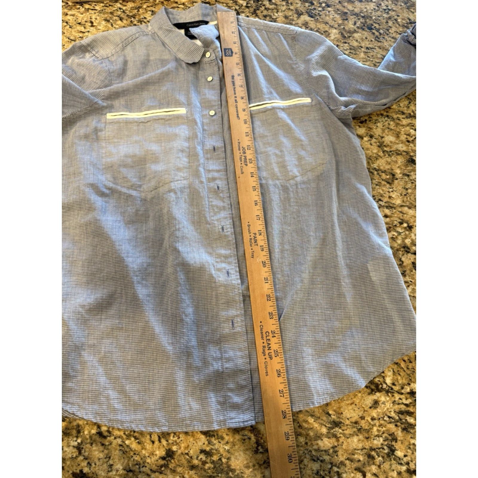 Calvin Klein Calvin Klein Blouse Women L Blue Pinstriped Long Sleeve Roll Tab Cotton Striped Jeans Shirt Large Womens Size L / US 10 / IT 46 - 6 Thumbnail