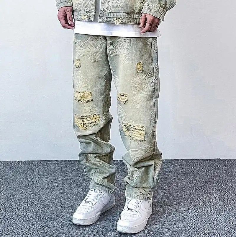 Distressed Hole Ripped Washed Paisley Full Print Jeans Pant