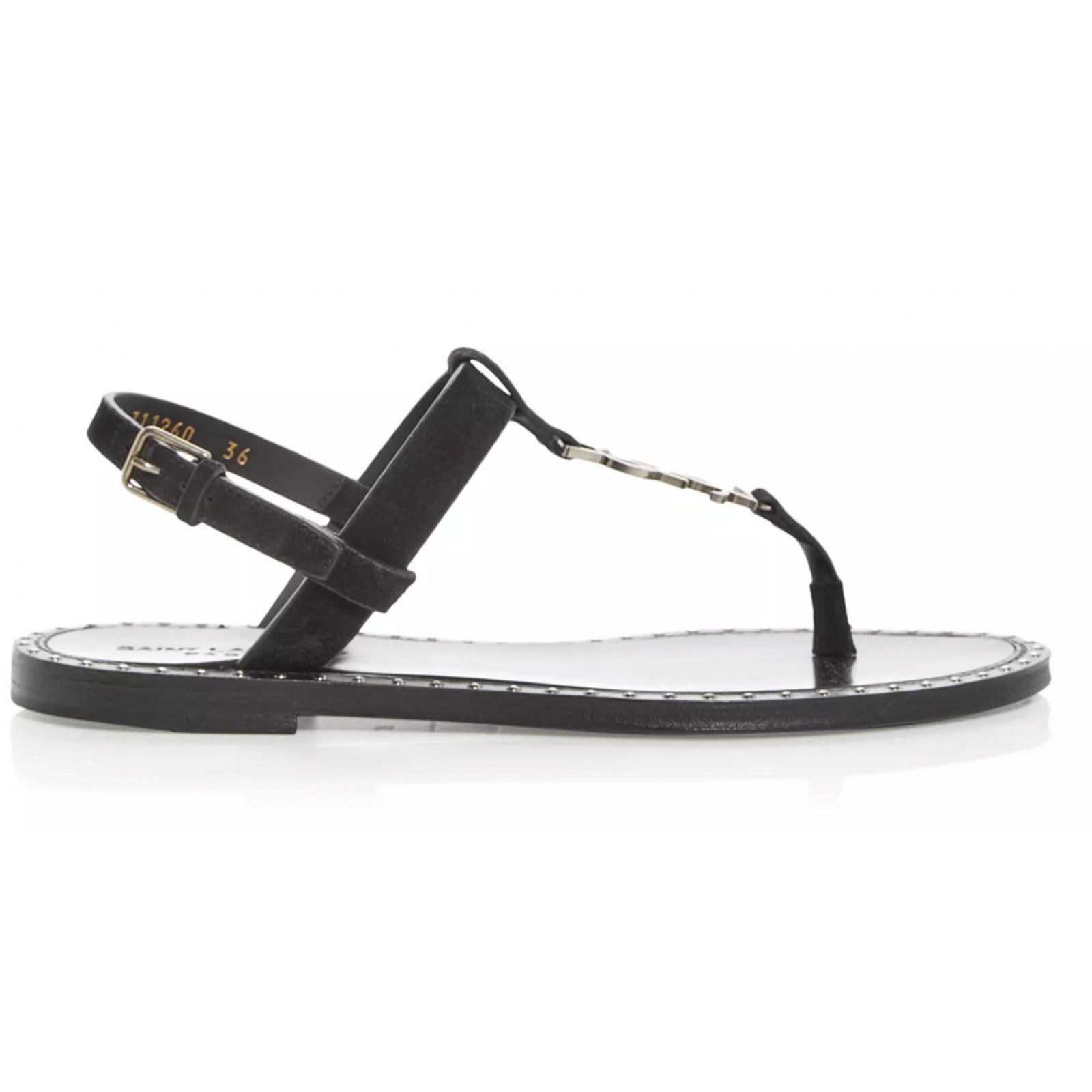 Yves Saint Laurent Saint Laurent YSL Logo Iota 05 Black Suede Studded Thong Size US 7 / IT 37 - 5 Thumbnail