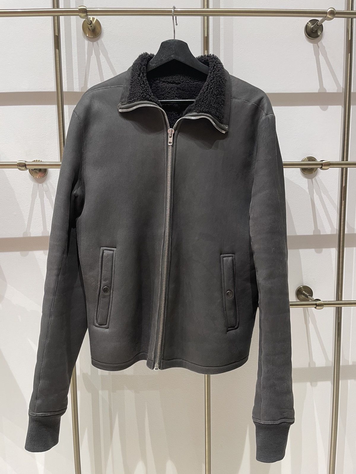 image of Rick Owens Leather Shearling Fur Detail Biker Jacket in Grey, Men's (Size Medium)