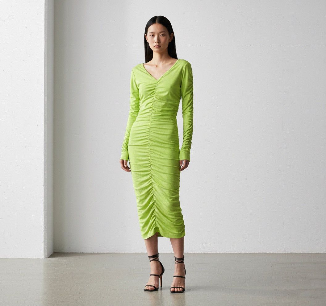 Helmut Lang Ruched Midi Dress Acid Lime