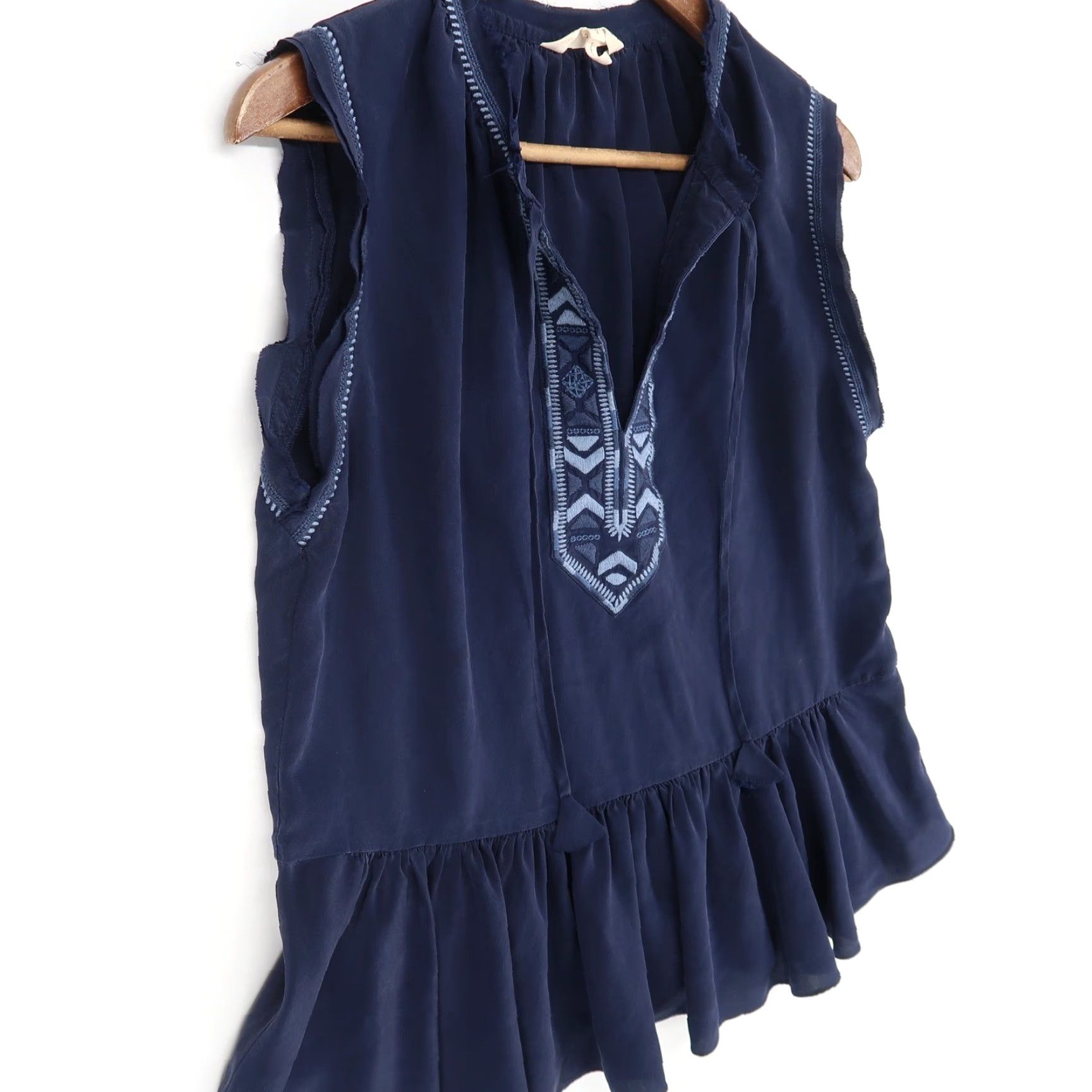 Rebecca Taylor Rebecca Taylor Silk Sleeveless Top Womens 2 Blue Embroidered Peplum Raw Edges Blouse V-Neck Tie Neck Bohemian Lightweight Tunic Size XS / US 0-2 / IT 36-38 - 3 Thumbnail