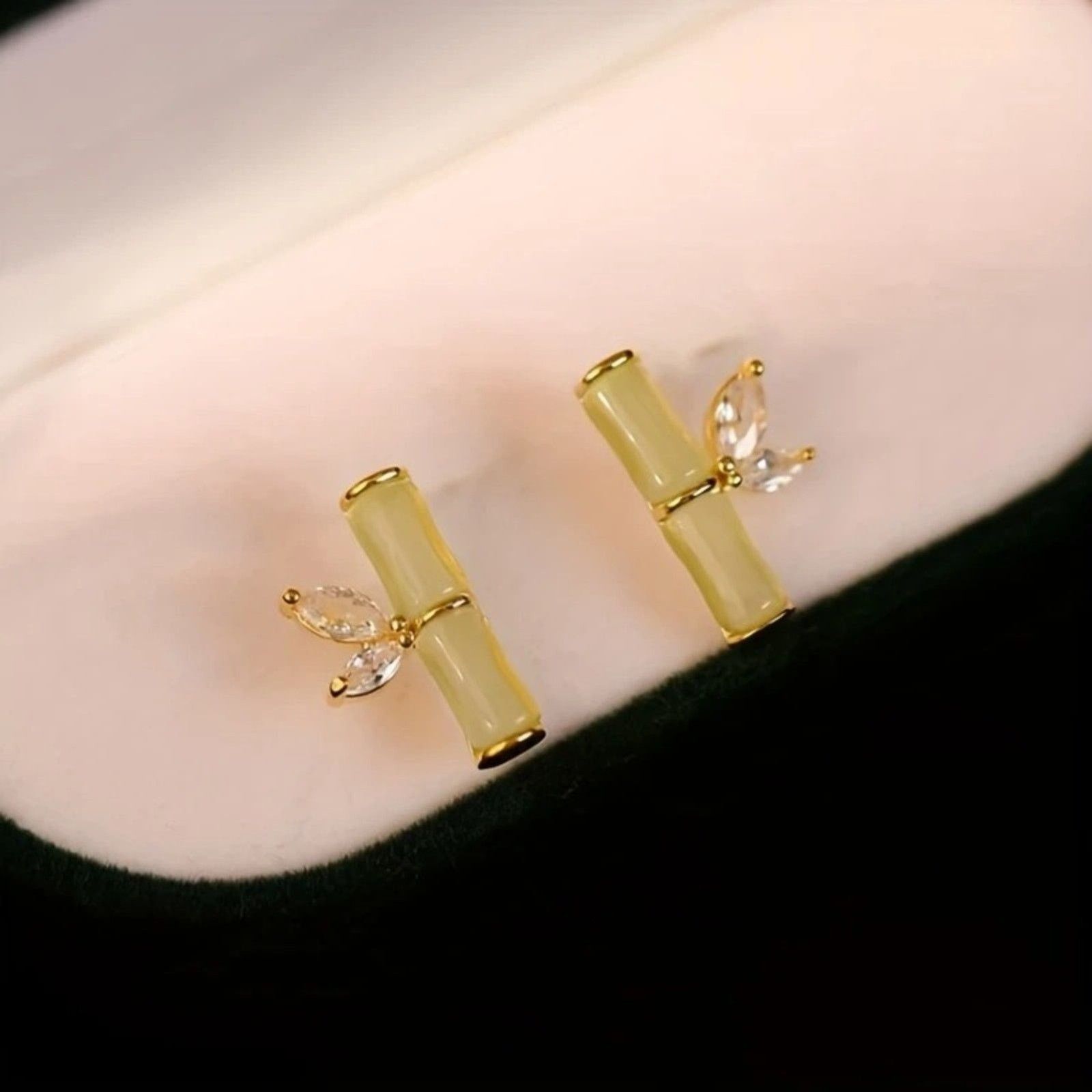 Other Dainty Elegant Bamboo Faux Jade Stud Earrings Crystal Accent Size ONE SIZE - 5 Thumbnail