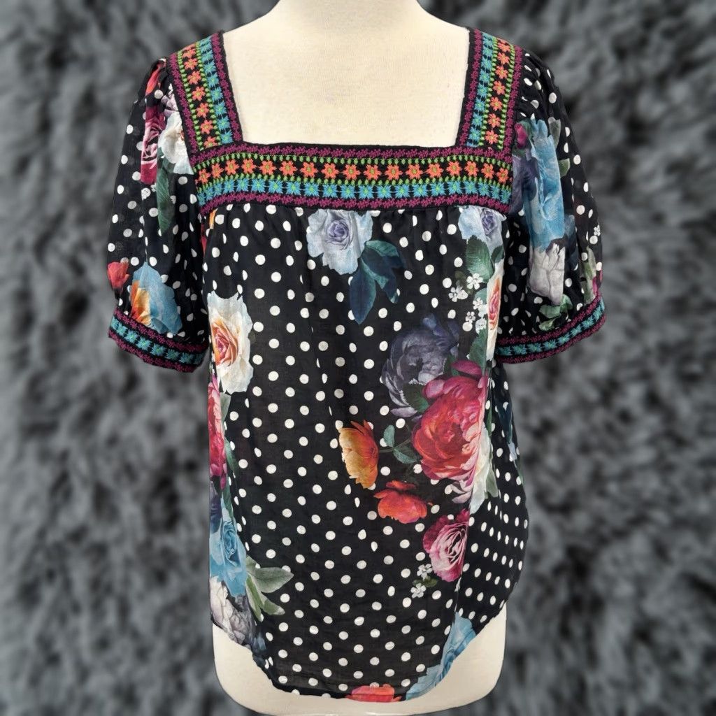 Johnny Was Johnny Was Floral Polka Dot Shirt Top Women's Small Multicolor Puff Sleeve Square Neck Embroidered Regular Fit Size S / US 4 / IT 40 - 1 Thumbnail