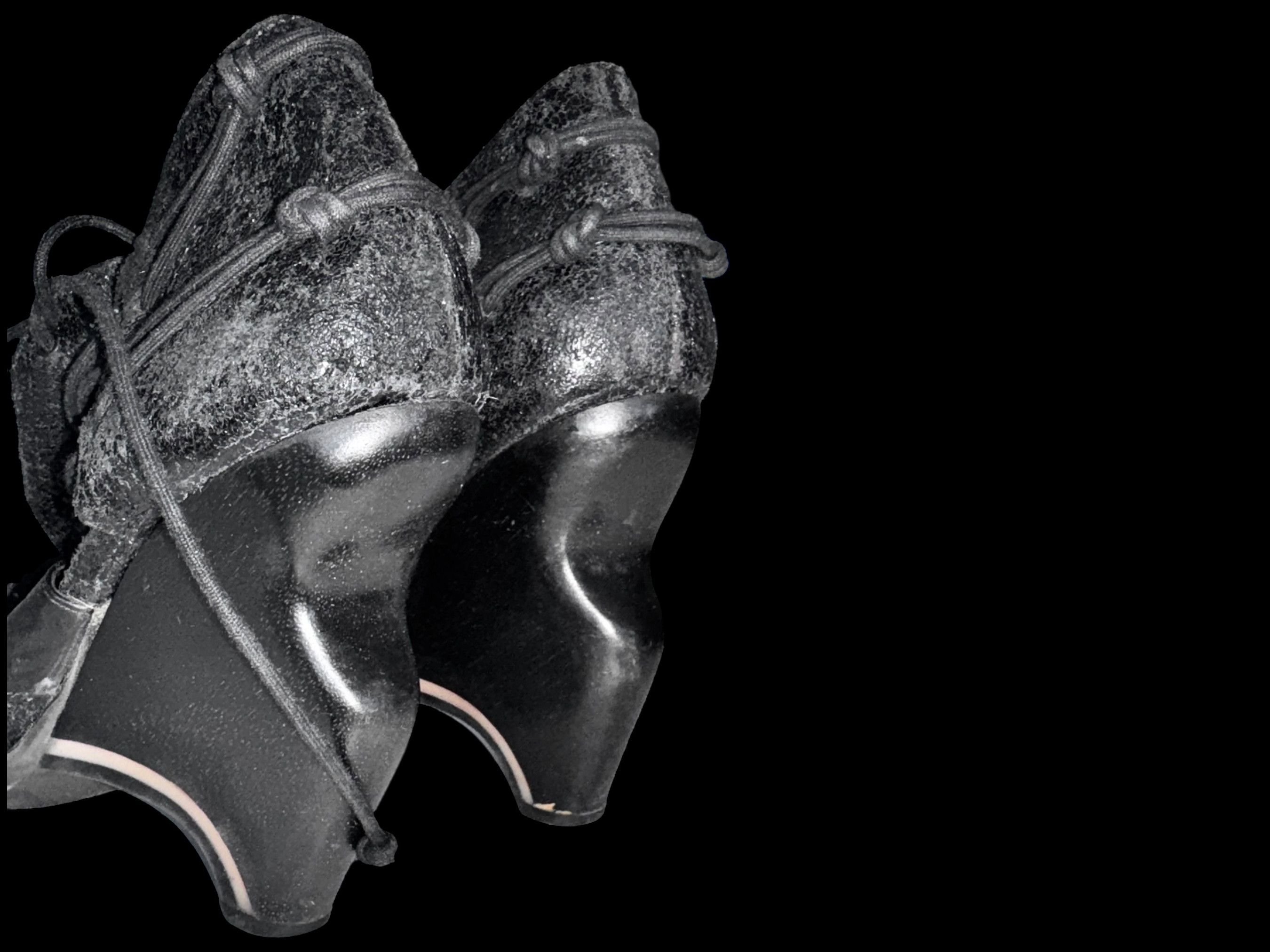 Allsaints AllSaints Gothic Avant Garde Black Leather Wedge Sandals Size US 8 / IT 38 - 5 Thumbnail
