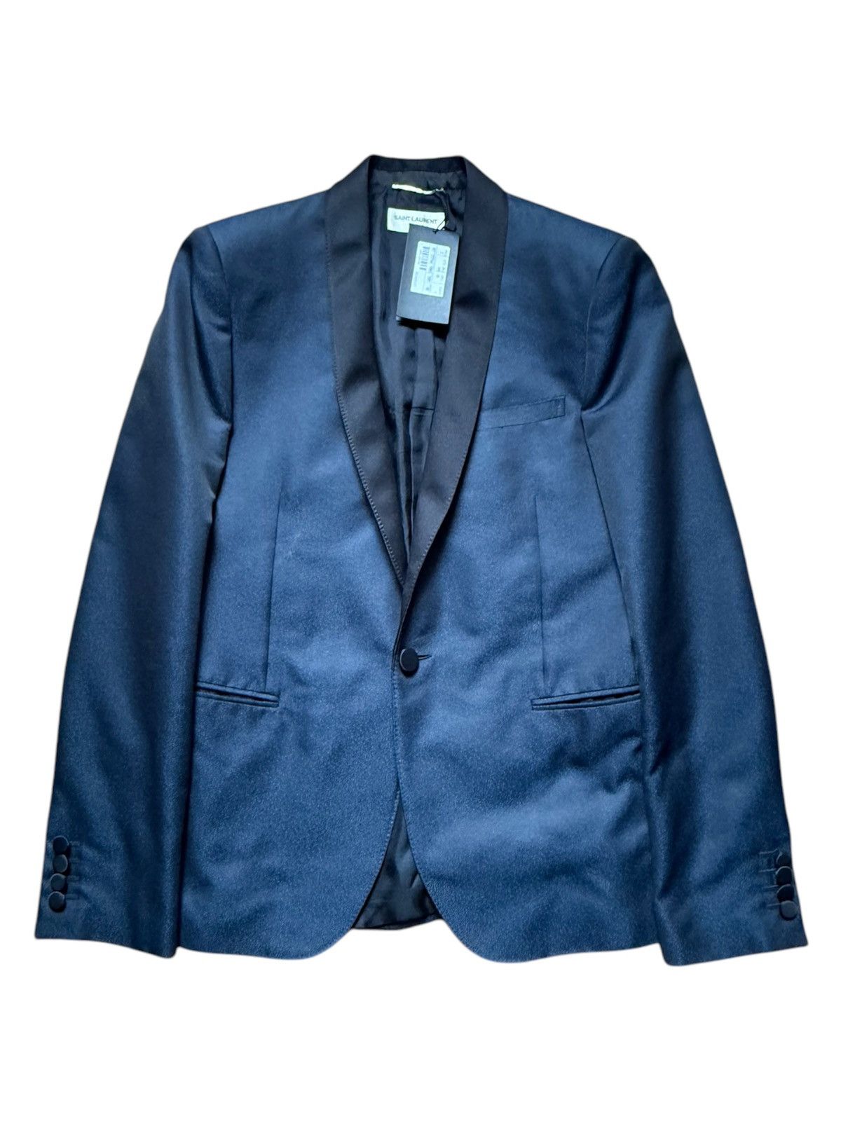 Hedi Slimane × Saint Laurent Paris F/W13 Blue Glitter Babycat Smoking Shawl Blazer Size 48R - 1 Thumbnail