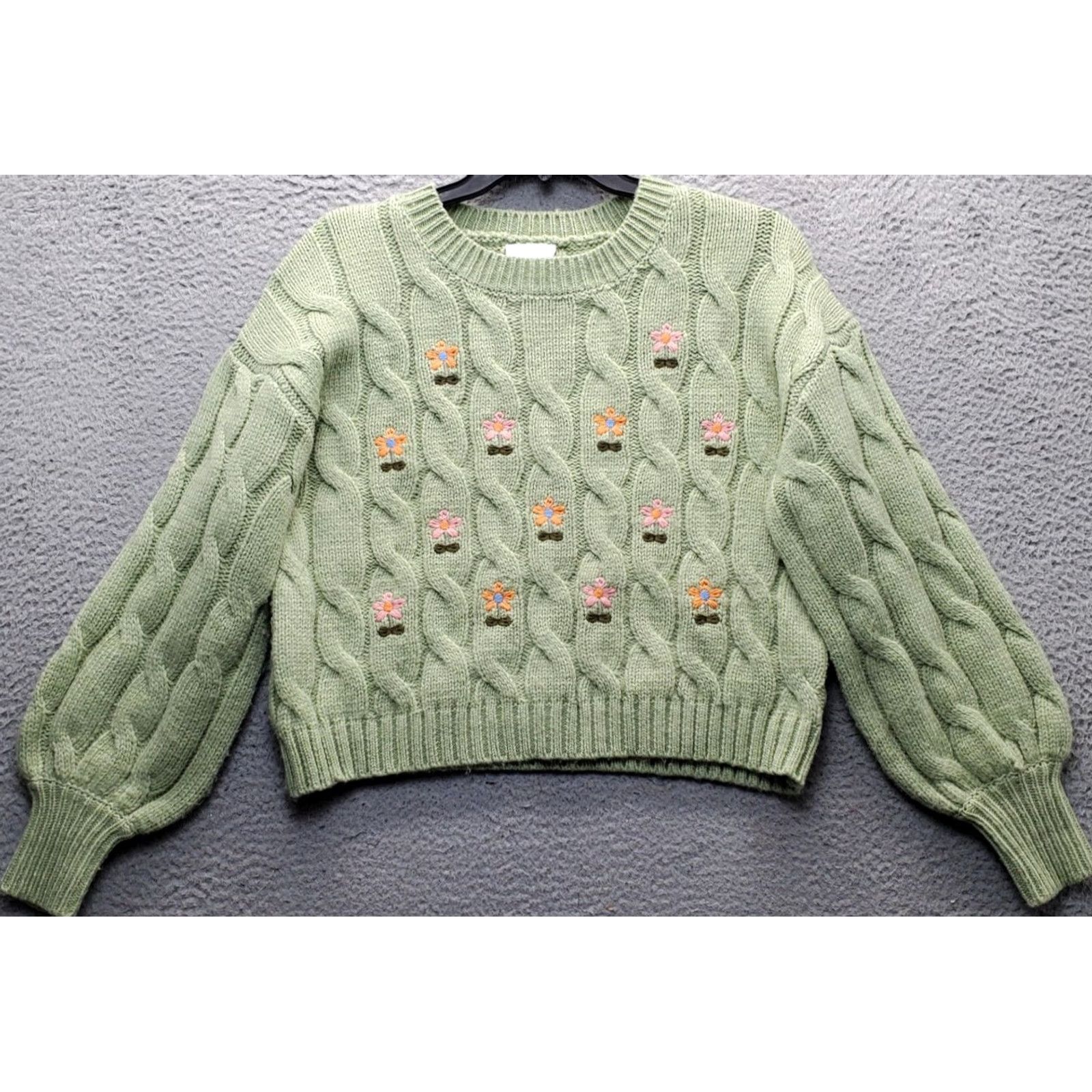 Vintage Willow & Wind Cropped Sweater Womens Size M Green Cable-Knit Embroidered Flower Pullover Casual Knit Fall/Winter Womens Size M / US 6-8 / IT 42-44 - 2 Thumbnail