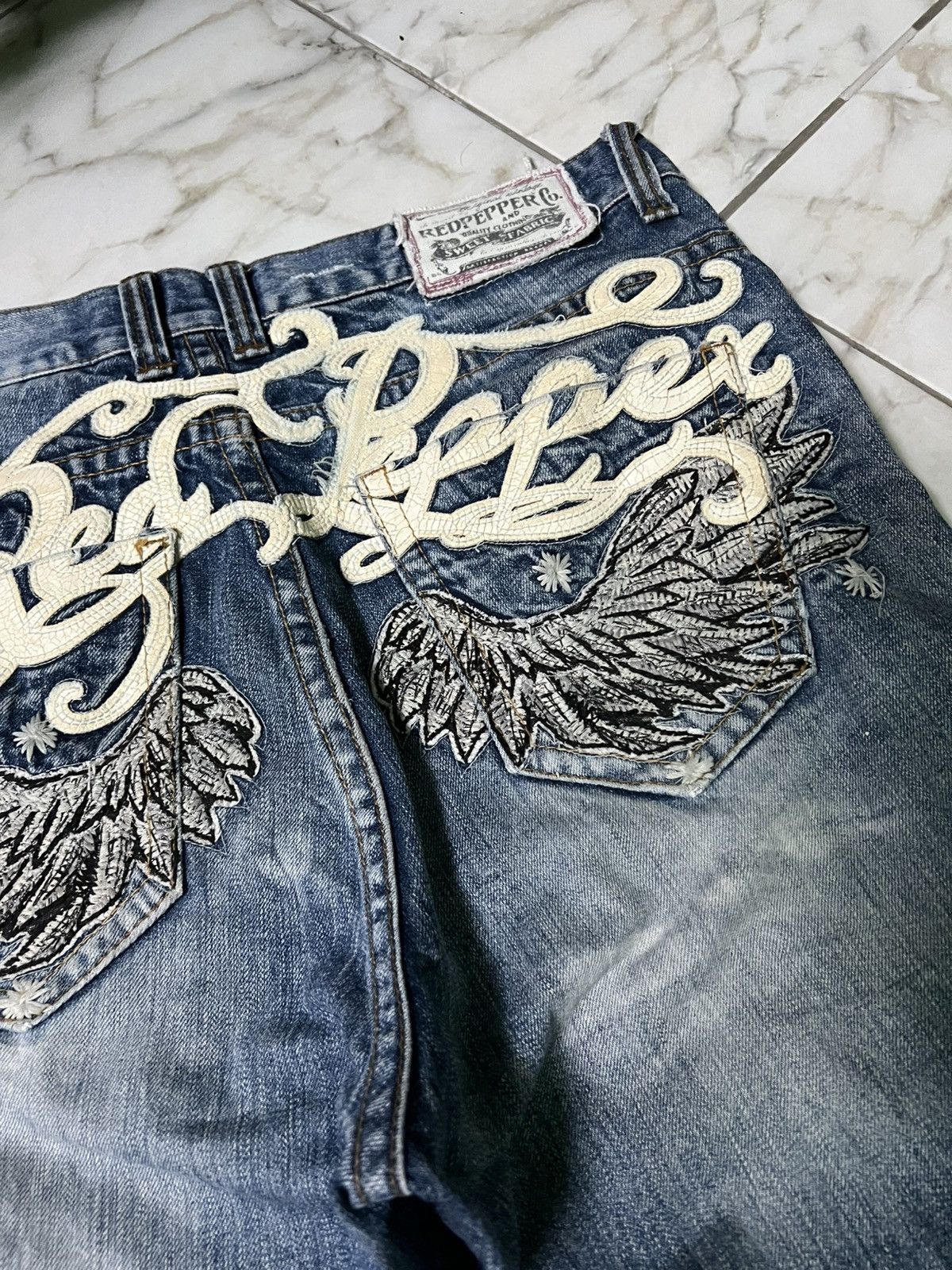 Japanese Brand 💥Baggy💥Redpepper Double Knee Washed Ripped Distress Jeans Size US 35 - 16 Thumbnail