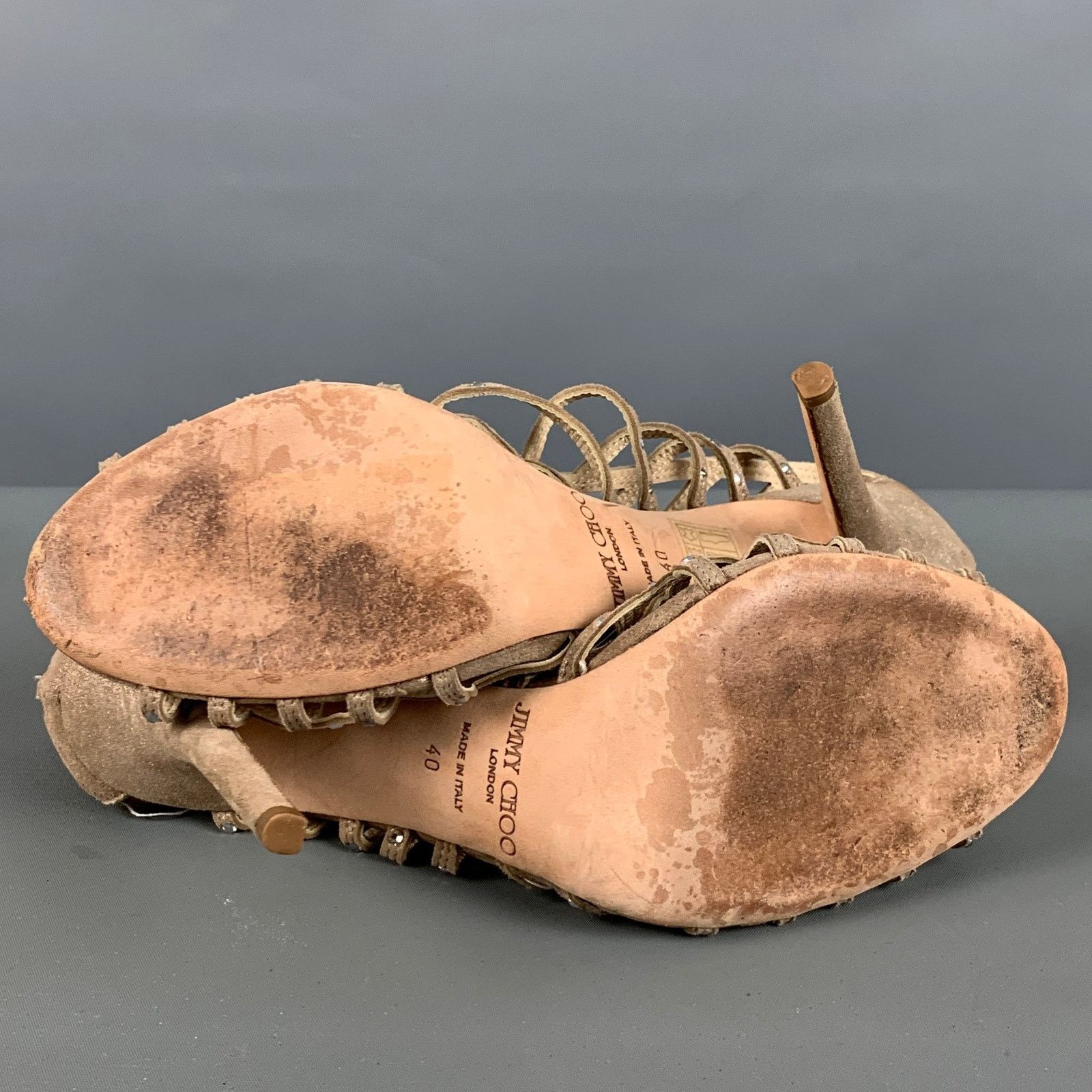Jimmy Choo JIMMY CHOO 10 Beige Gold Suede Rhinestones Ankle Sandals Size US 10 / IT 40 - 7 Thumbnail