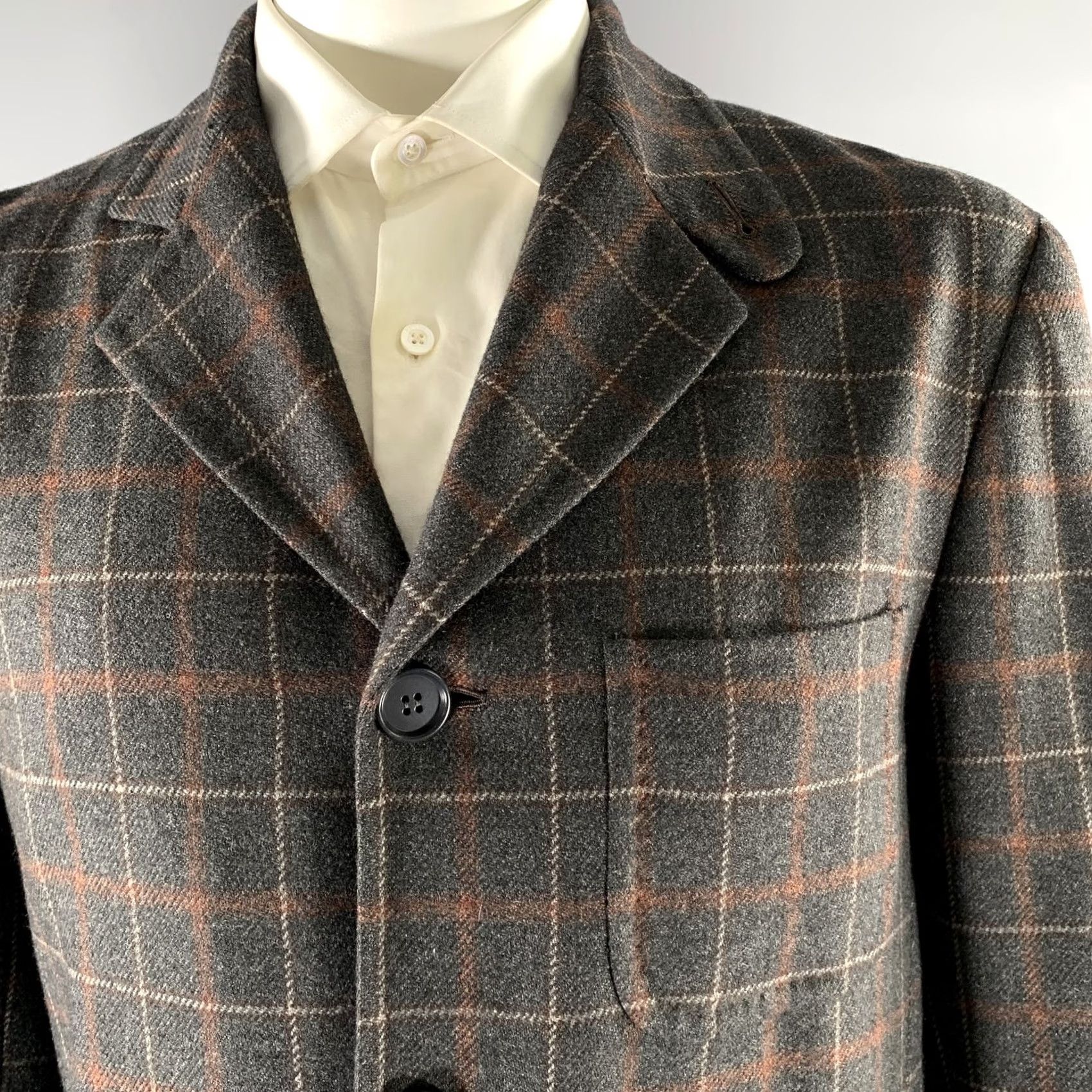 Kiton KITON Notch Lapel Grey Brown Plaid Cashmere Sport Coat 40 Men Blazer Italy Vintage Style Size 40R - 2 Thumbnail