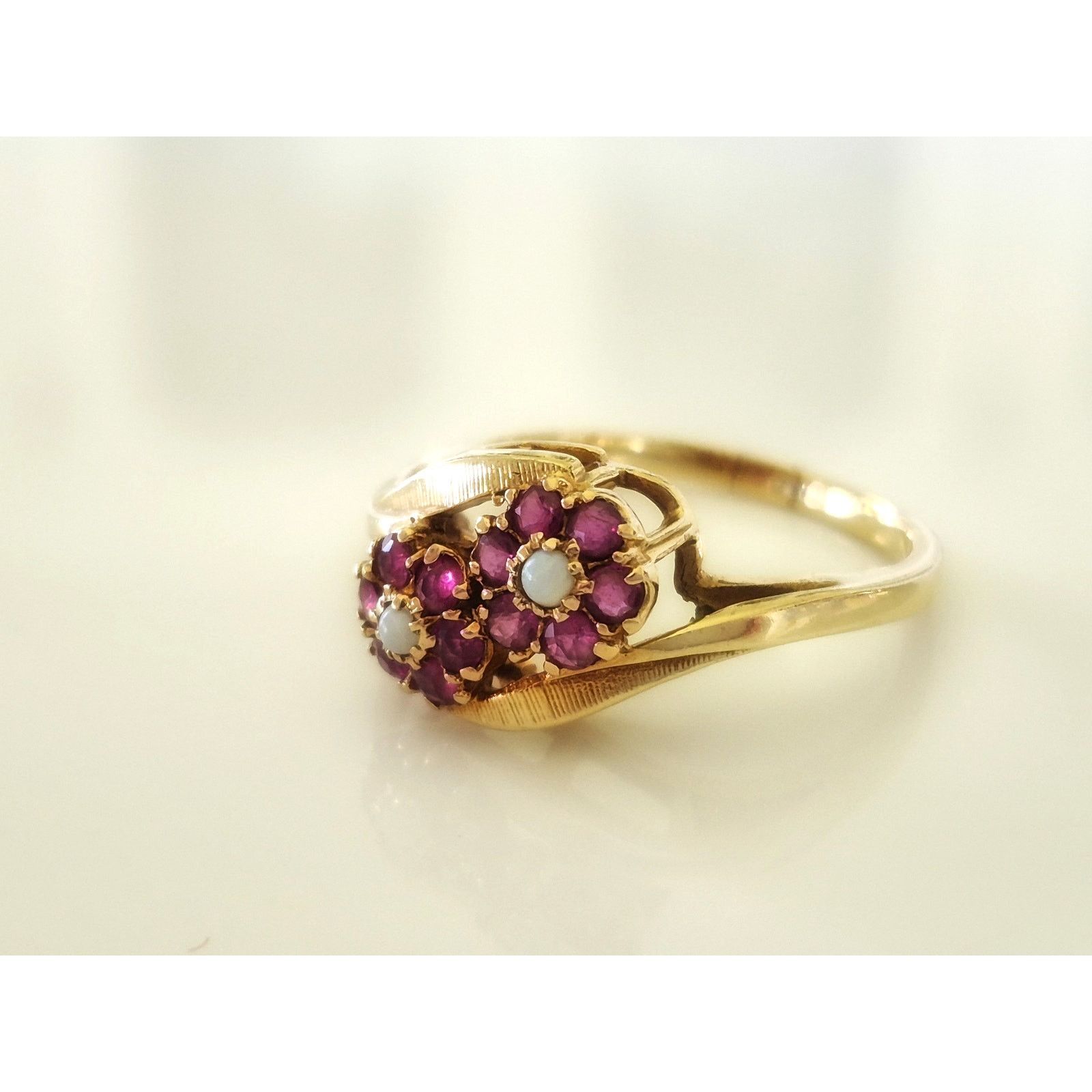 Other Vintage 10K Gold Ruby and Opal Floral Bypass Ring Size ONE SIZE - 3 Thumbnail
