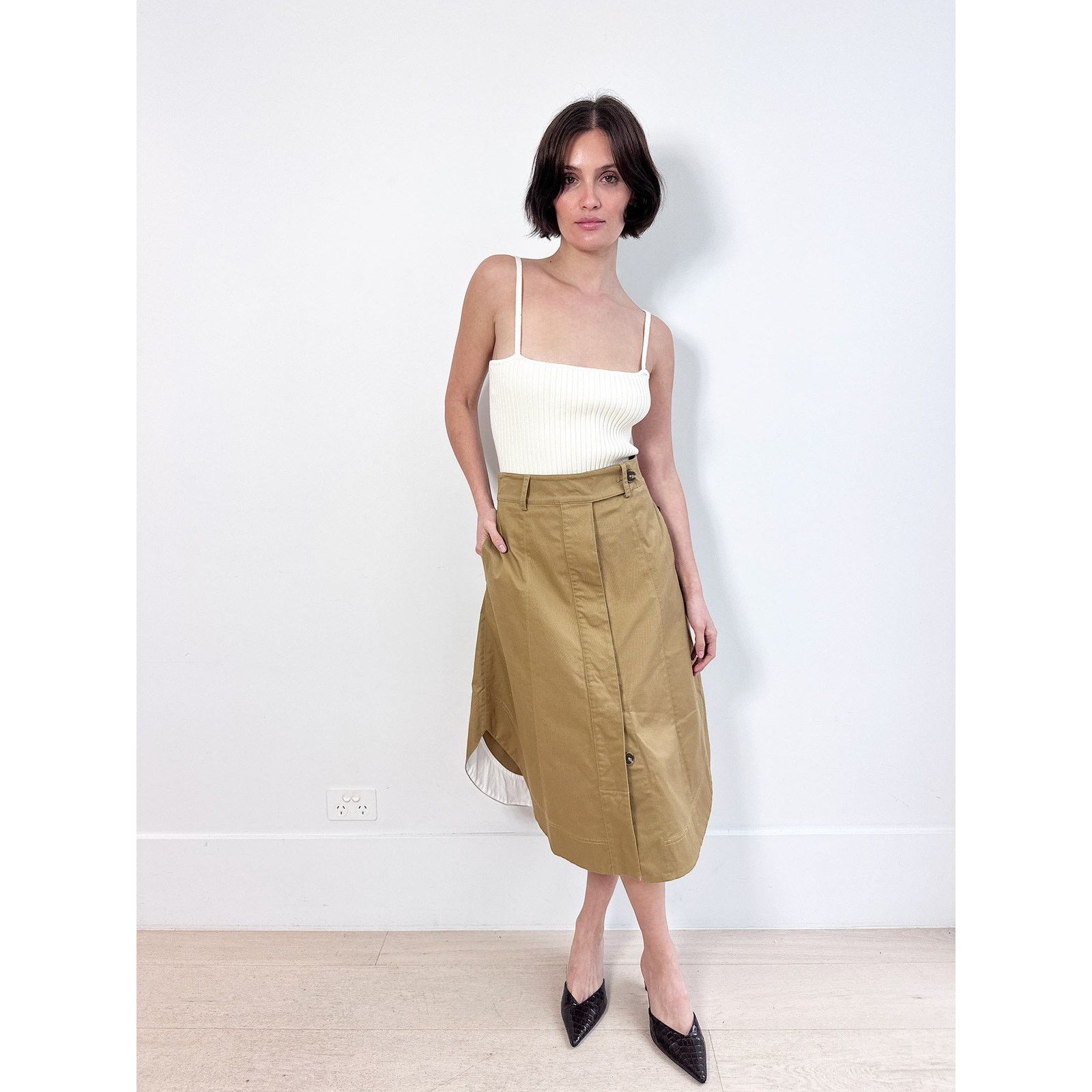 Lee Mathews Lee Mathews Tan Drill Midi Skirt Size 26" / US 2 / IT 38 - 1 Thumbnail