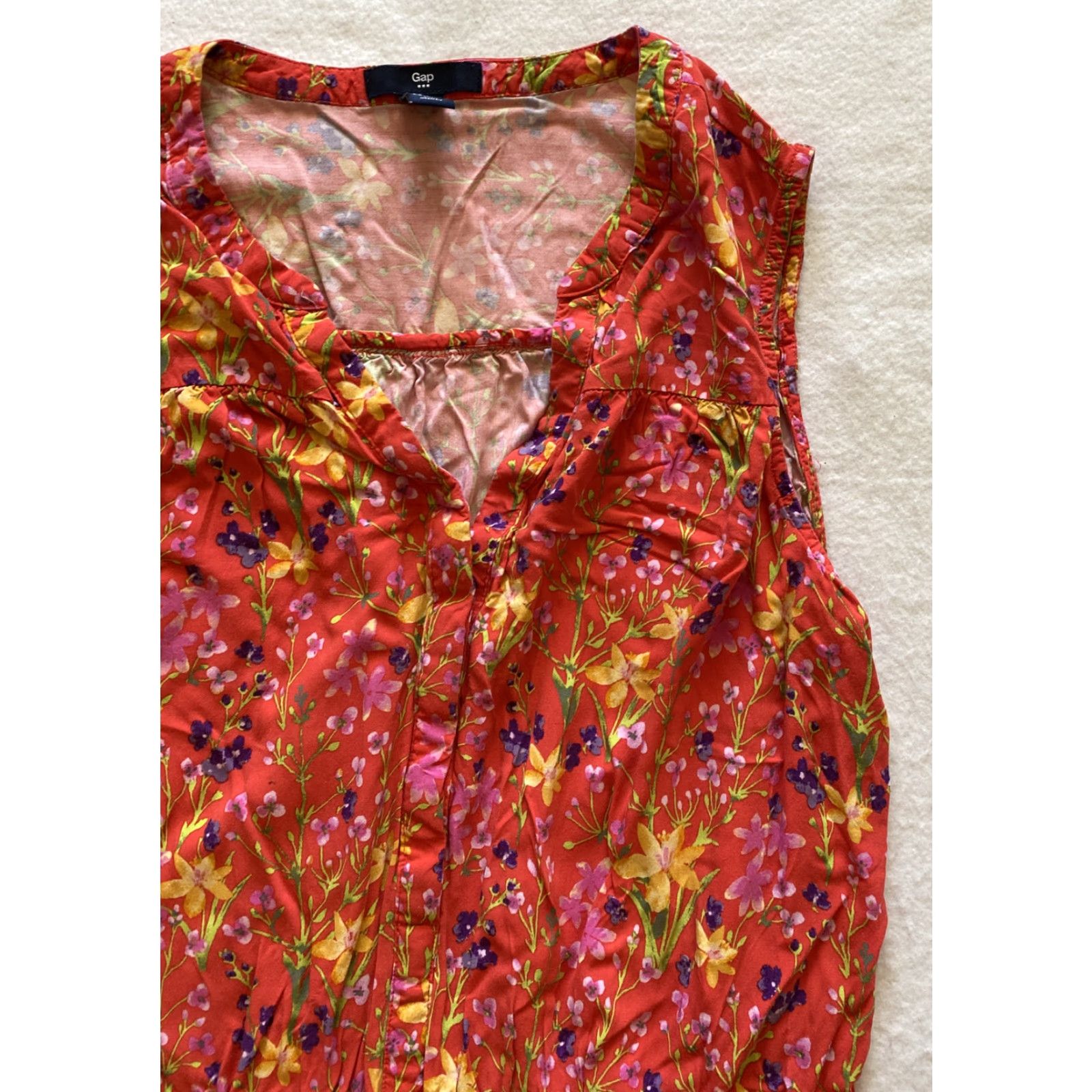 Gap GAP Red Floral Mini Dress Sleeveless V-Neck Drawstring Waist M Women’s Short Casual Spring Summer Fall Multicolor Flower Pattern Dress Size M / US 6-8 / IT 42-44 - 2 Thumbnail