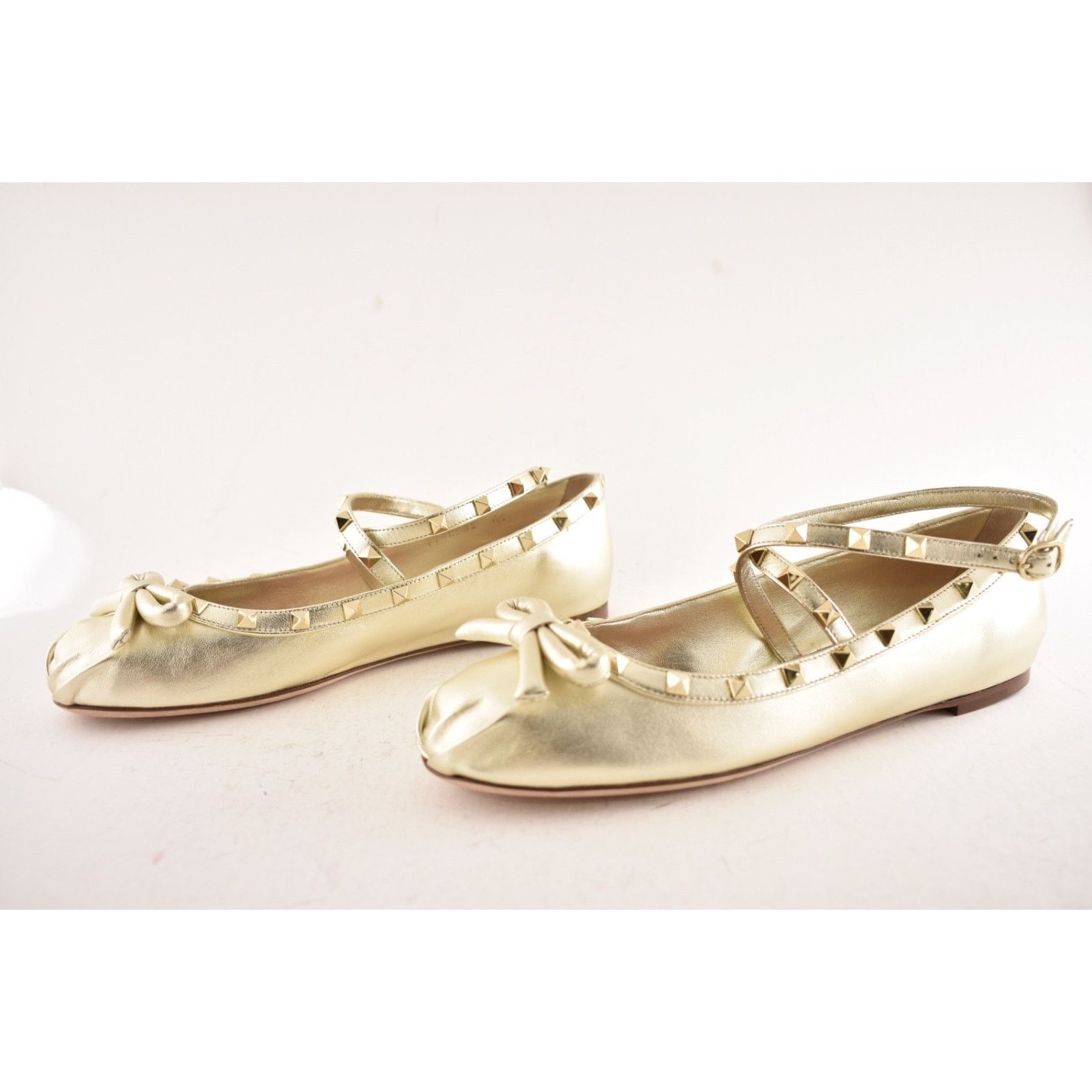 Valentino Valentino Rockstud Platino Gold Stud Ankle Strap Bow Ballet Size US 11 / IT 41 - 13 Thumbnail