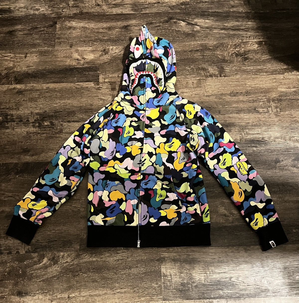 Bape Men's Multi Camo NYC Logo Shark Full Zip Hoodie