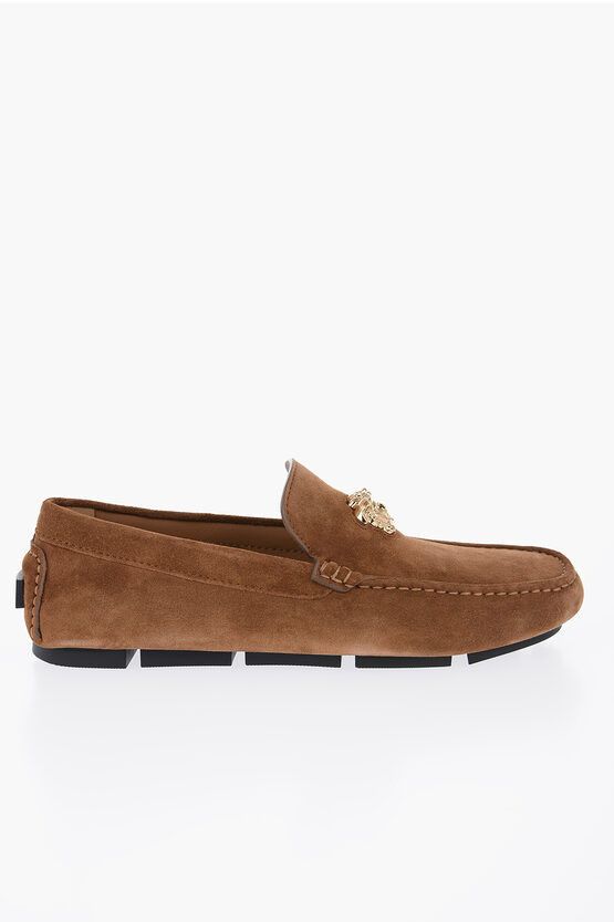 image of Versace Og1Mm0524 Suede Leather Loafers In Beige, Men's (Size 12)