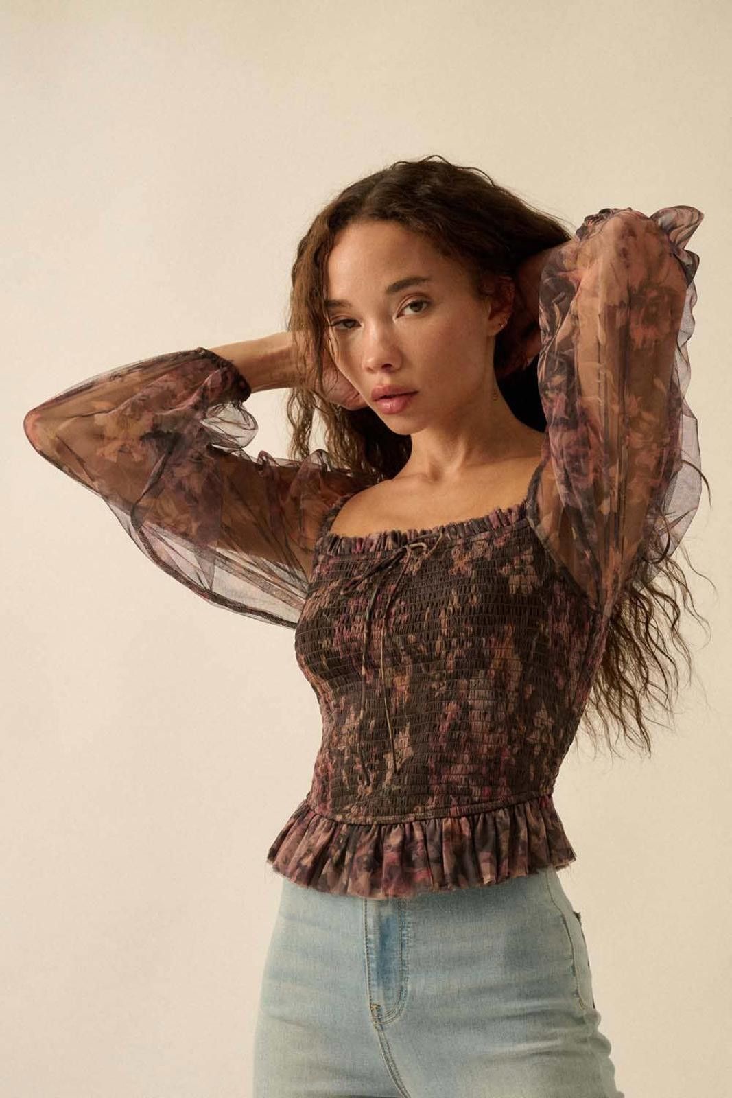 Other Layered Floral-Print Tulle Smocked Peasant Top by Promesa Size S / US 4 / IT 40 - 3 Thumbnail