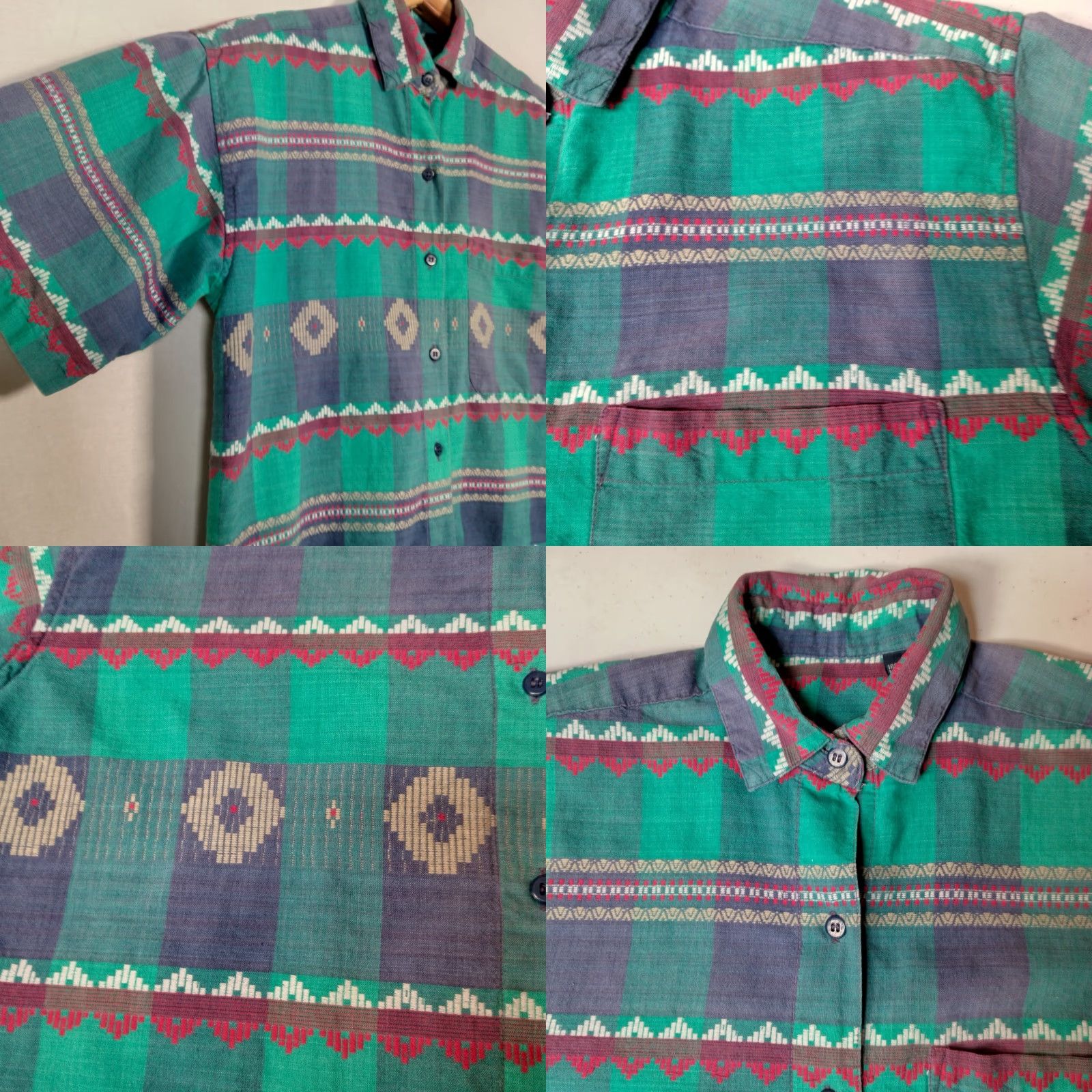 Vintage VINTAGE 1990s Southwest Print Blouse Shirt Small Blue Pink Short Sleeve Button Collar Geometric 90s Casual Womens Size S / US 4 / IT 40 - 10 Thumbnail