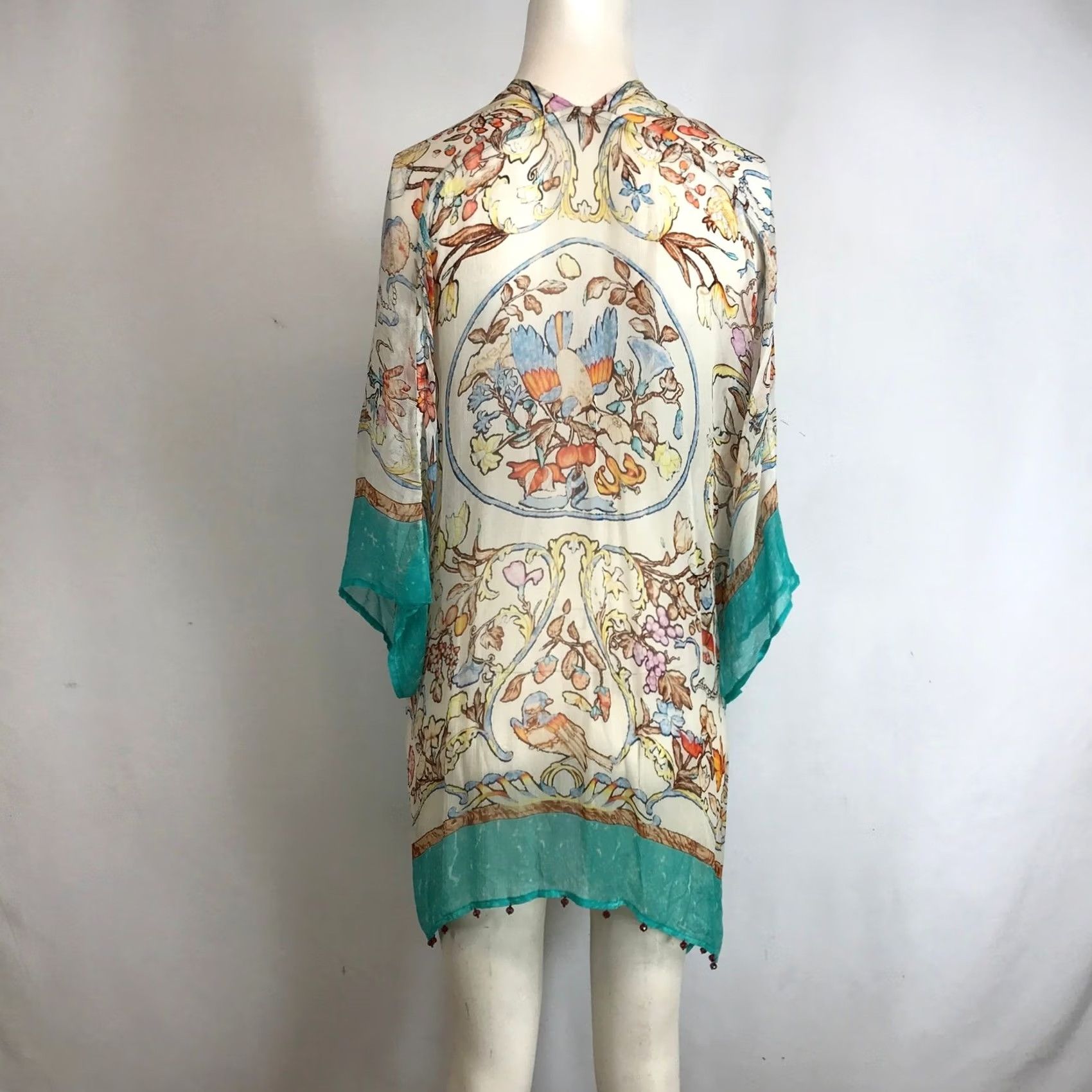 Soft Surroundings Soft Surroundings Kimono Wrap Shirt Womens S Teal Floral Bird Print Cupro Beaded Lightweight Bohemian Size S / US 4 / IT 40 - 5 Thumbnail