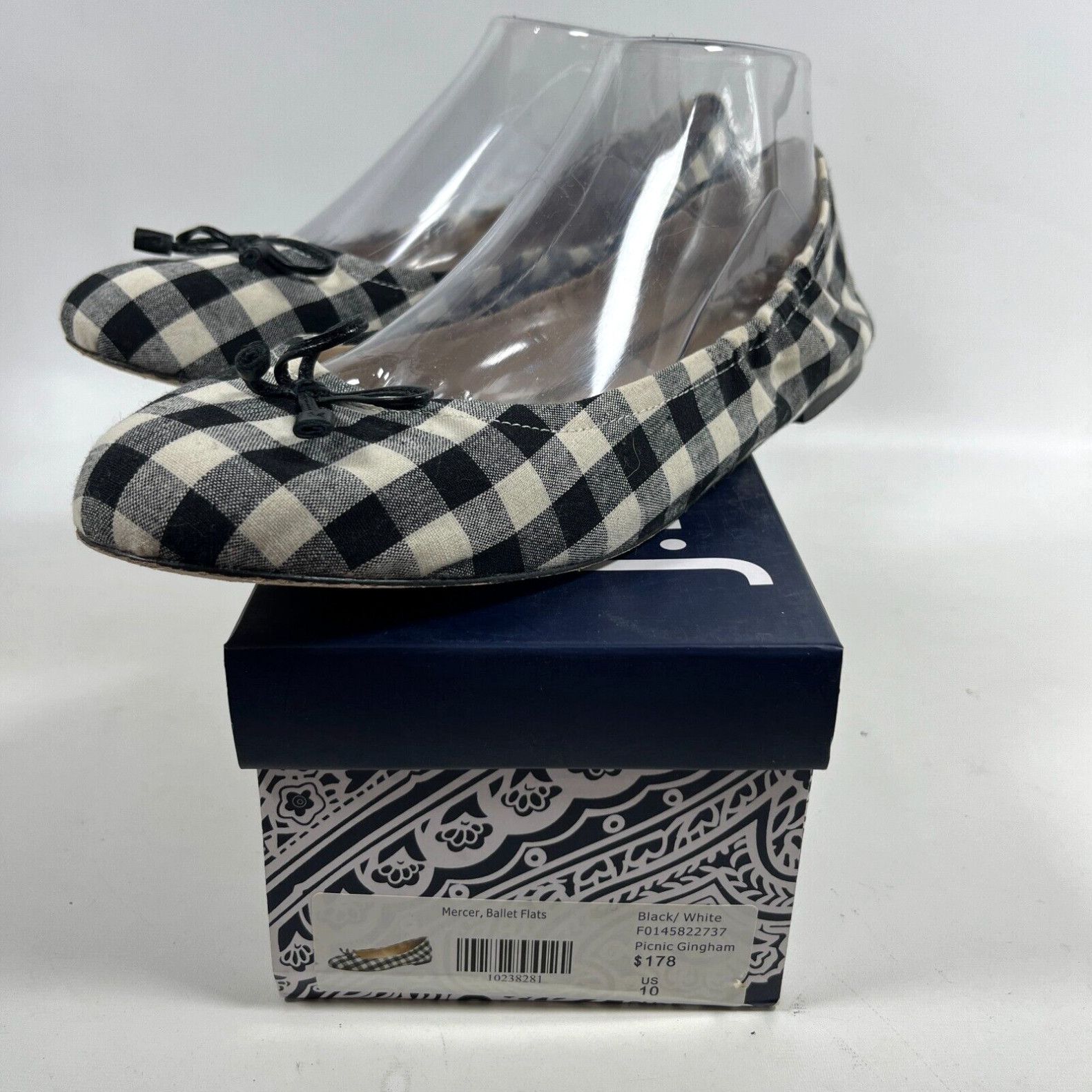 image of Vintage J.mclaughlin Shoes Womens 10 Mercer Ballet Flats Picnic Gingham Black White