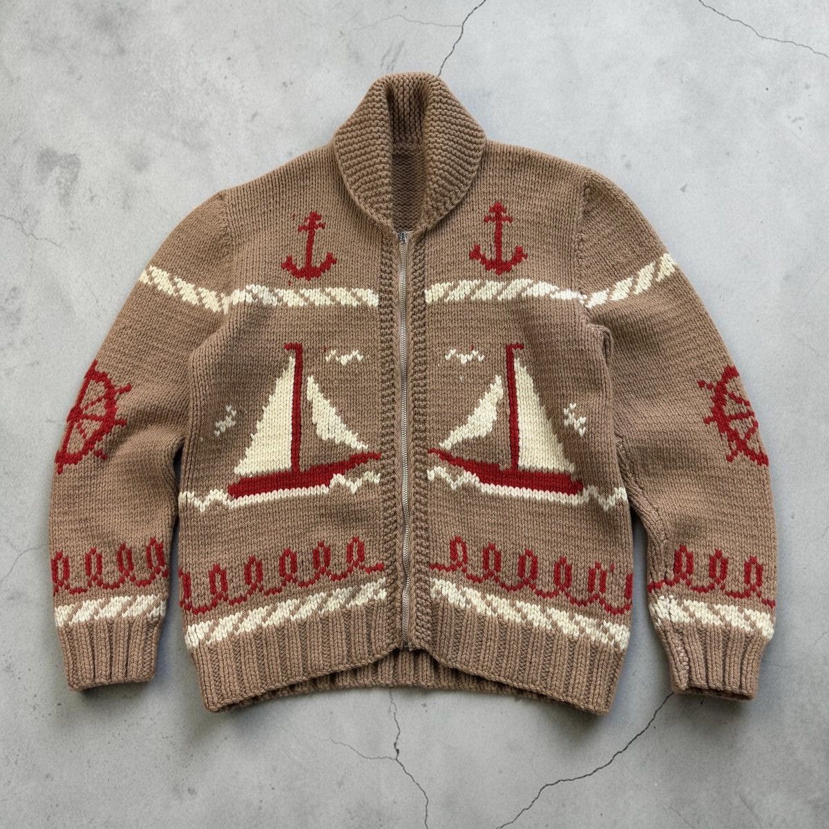 Japanese Brand Cowichan sailboat sweater vintage 1970s knit handmade Size US L / EU 52-54 / 3 - 1 Thumbnail
