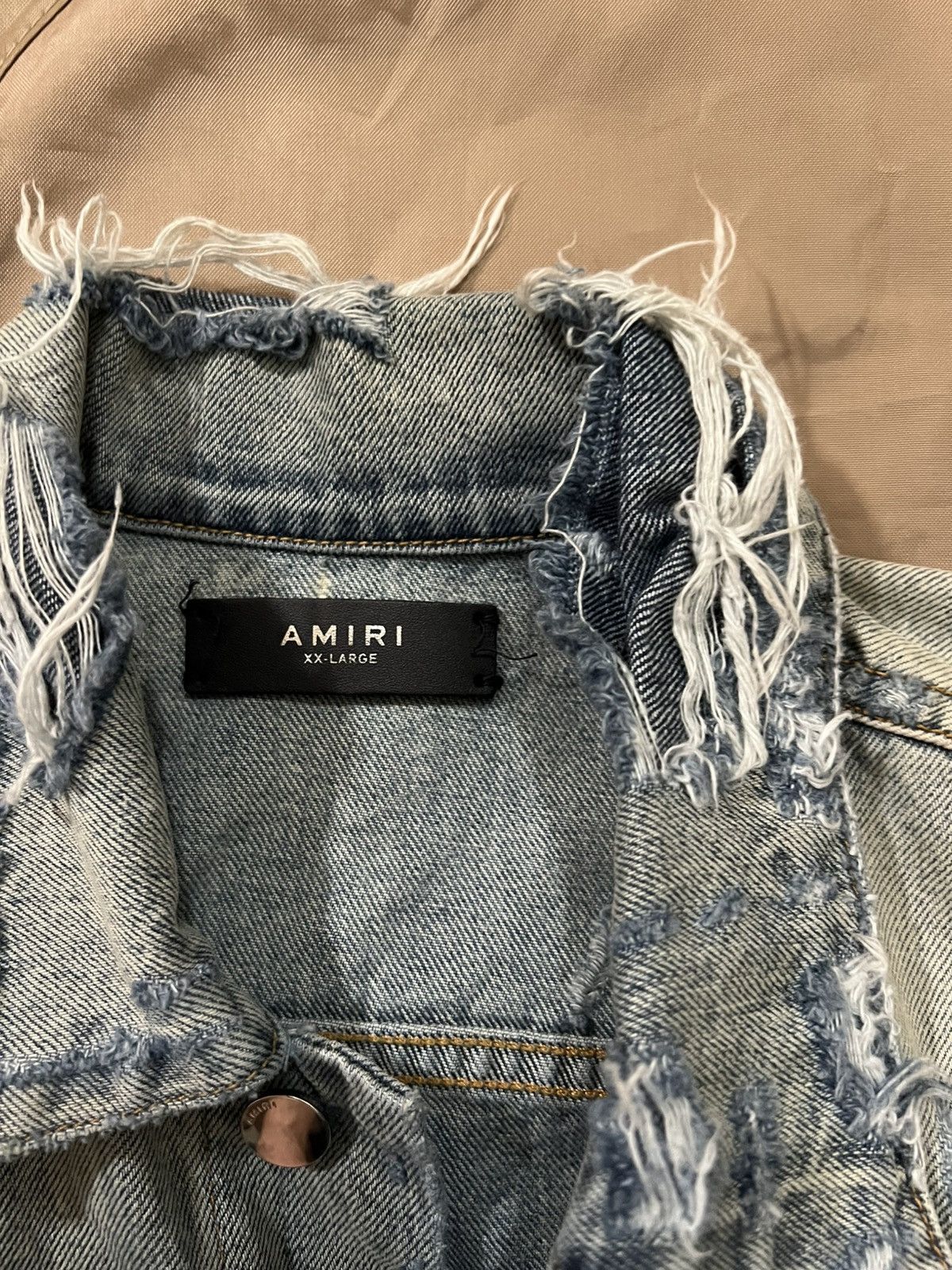 Amiri AMIRI Leather Trimmed Distressed Denim Jacket blue size XXL Size US XXL / EU 58 / 5 - 8 Thumbnail