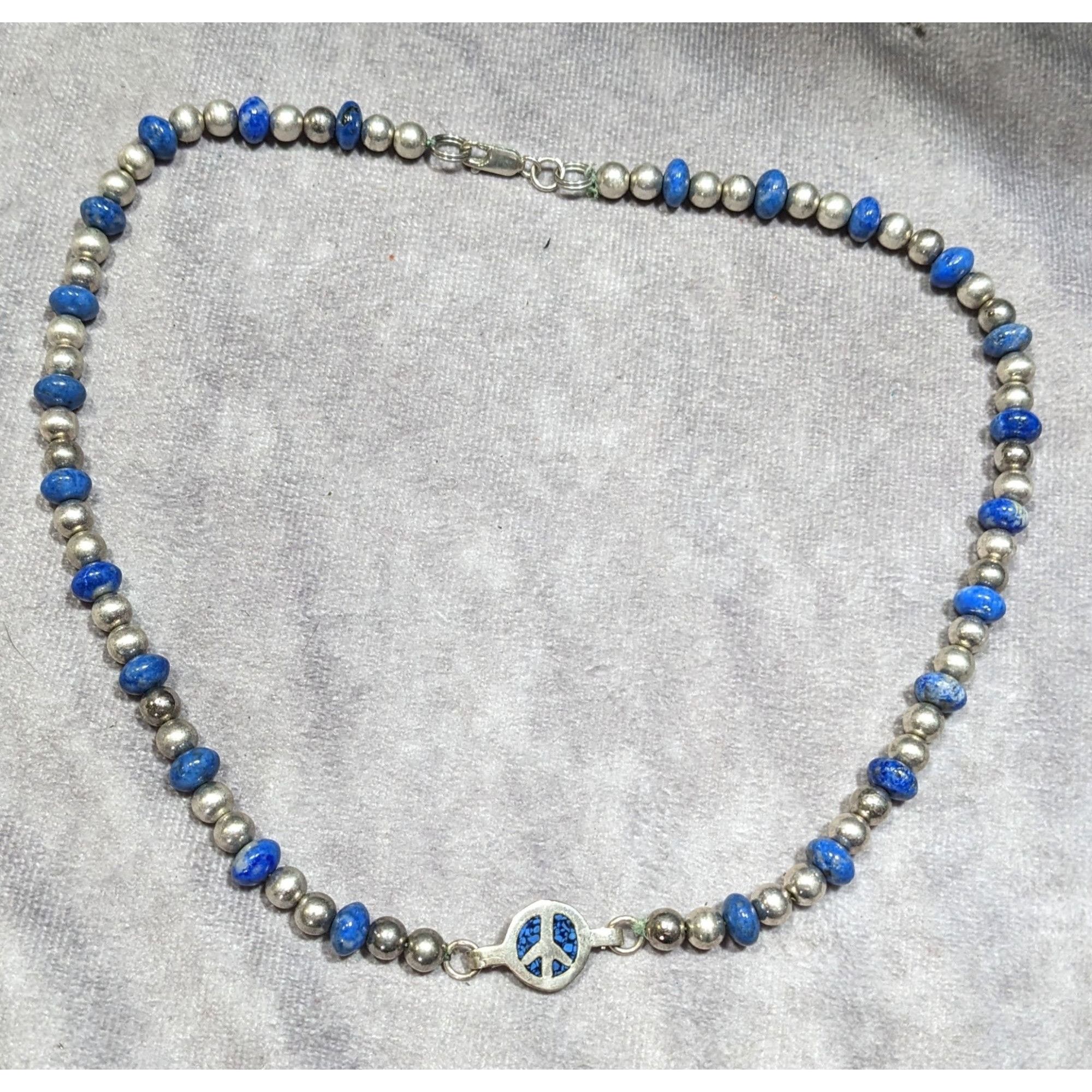 Other Vintage Hippie Peace Sign Lapis And Silver Tone Beaded Neckl Size ONE SIZE - 6 Thumbnail