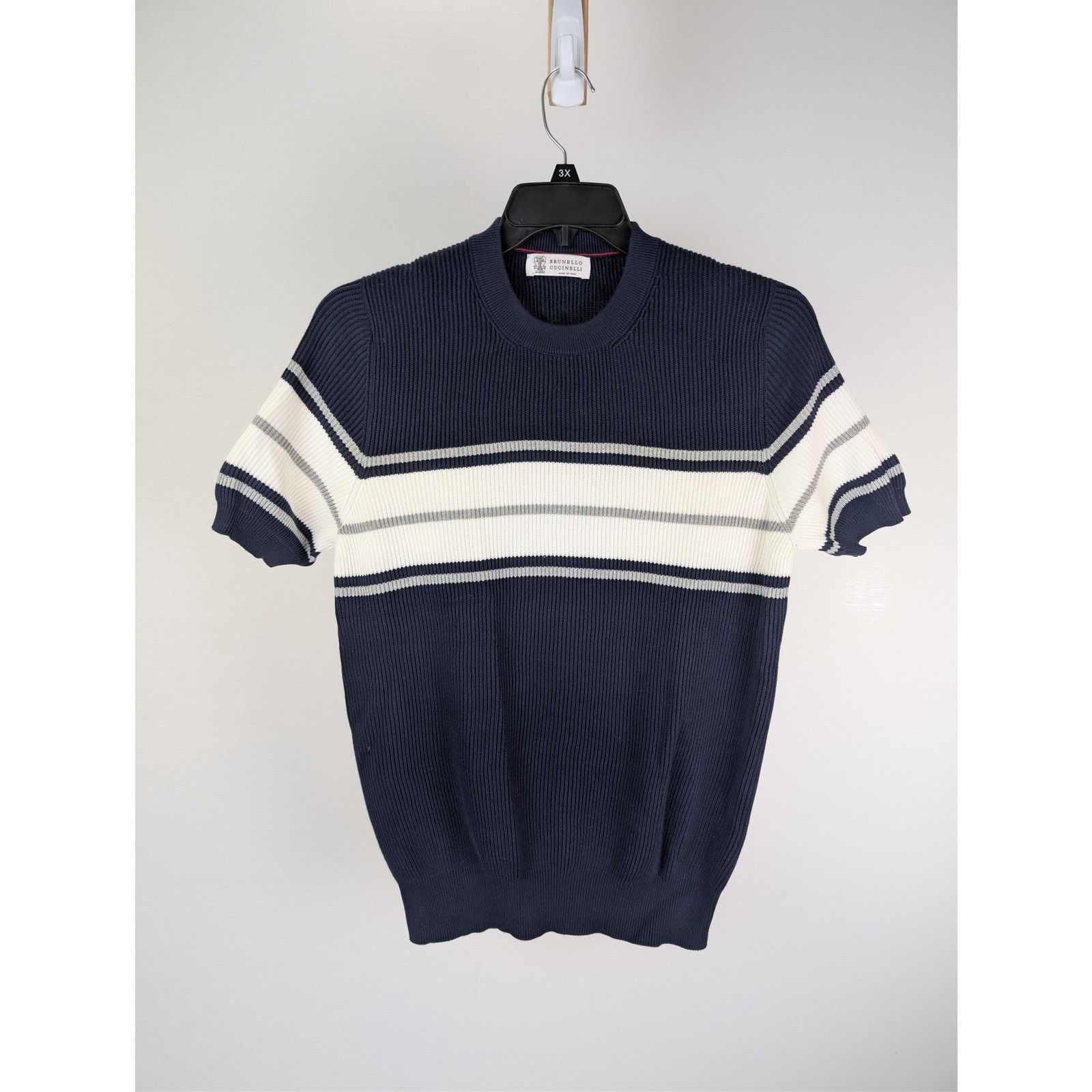 Brunello Cucinelli o1rshd1 CC20 Short-Sleeve Striped Crewneck Sweater navy blue Size US M / EU 48-50 / 2 - 1 Thumbnail
