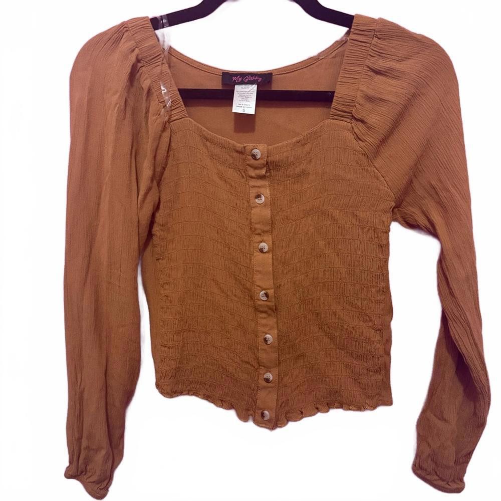 Designer Chic Brown Puff Sleeve Button-Up Top Size S / US 4 / IT 40 - 1 Thumbnail