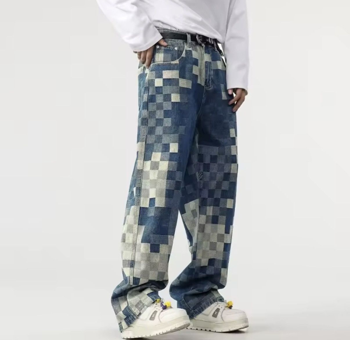 Jean Mosaic Designer Checkerboard Straight Loose Jeans Size US 30 / EU 46 - 3 Thumbnail