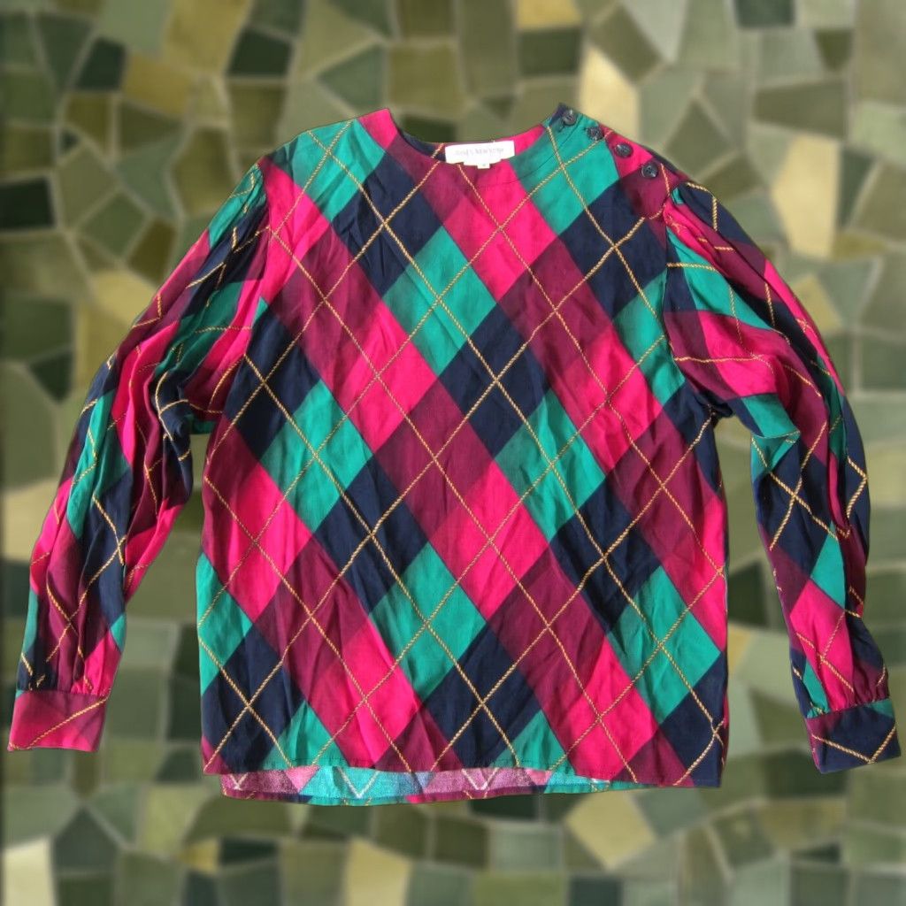 Jones New York VINTAGE Jones New York Blouse Shirt 8 Pink Green Blue Plaid Long Sleeve 100% Rayon Womens Size M / US 6-8 / IT 42-44 - 1 Thumbnail