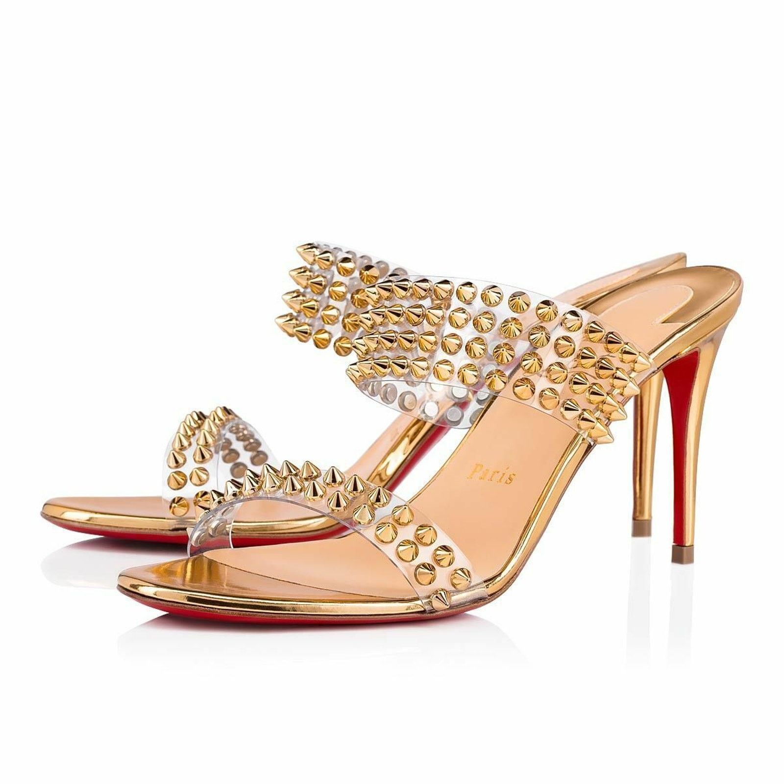 Christian Louboutin Spikes Only 85 Gold PVC Slide Mule Open Sandal Heel Pump 36 Size US 6 / IT 36 - 1 Thumbnail