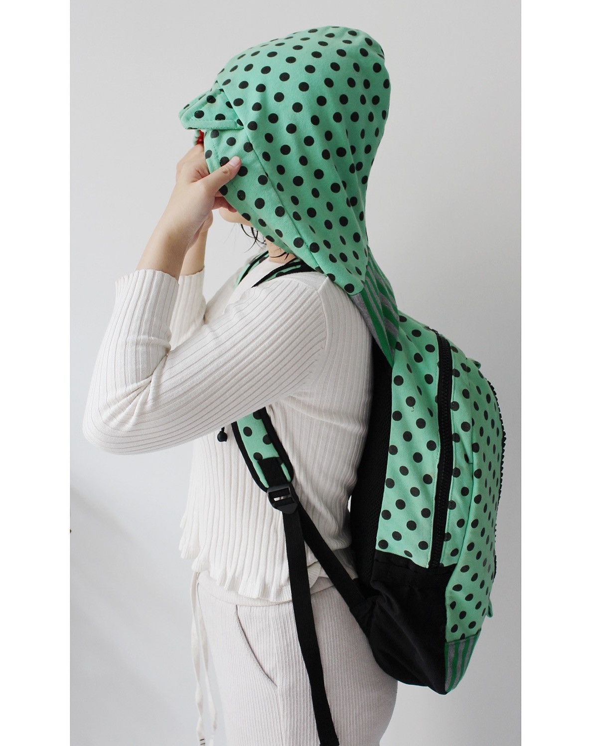 Japanese Brand 2000S HOODED BACKPACK BY WOR – GREEN POLKA DOTS Size ONE SIZE - 7 Thumbnail