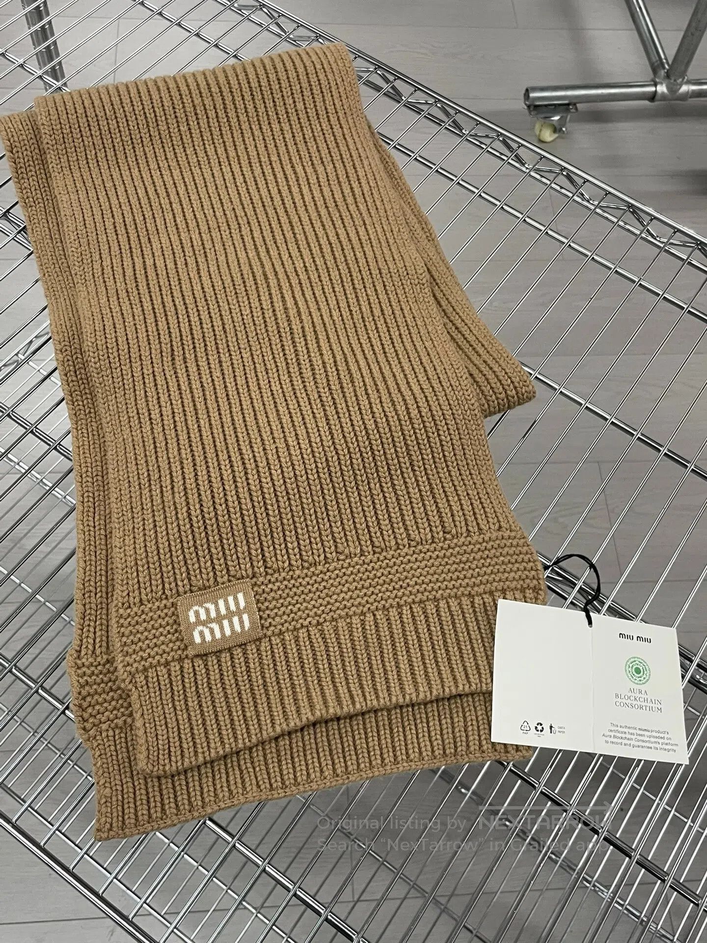 Other Miu Miu Camel Wool Ribbed Knit Logo Scarf| Size ONE SIZE - 1 Thumbnail
