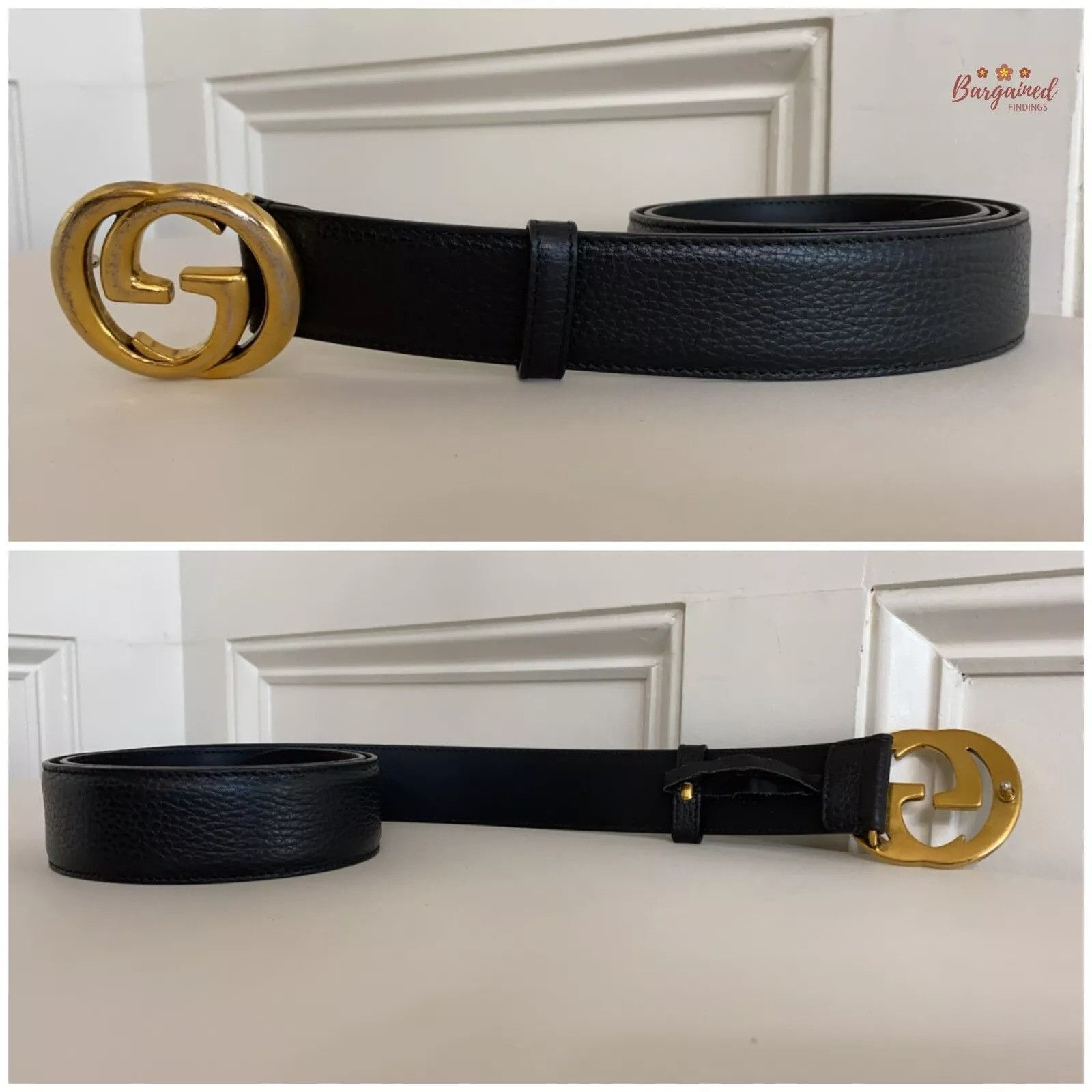 Gucci Gucci Black Pebbled Leather Gold Interlocking G Buckle Belt Size 34 - 8 Thumbnail