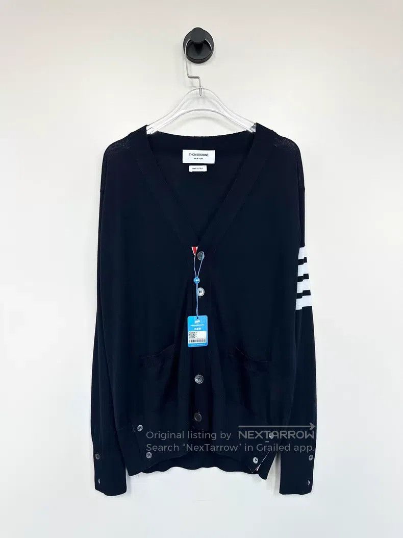 Thom Browne Thom Browne Dark blue striped four-bar knit cardigan coat Size US S / EU 44-46 / 1 - 1 Thumbnail