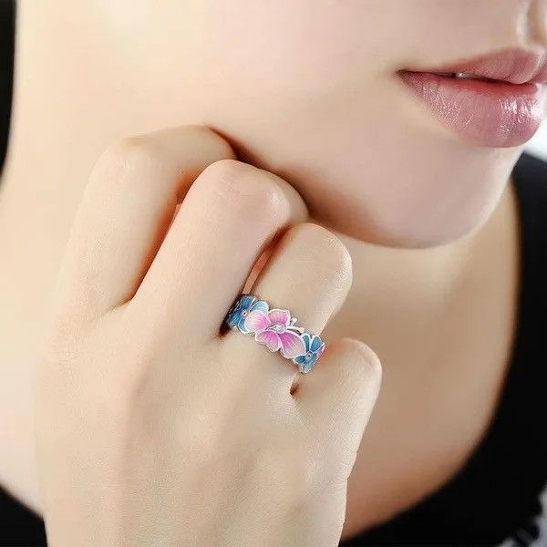 Jewelry × Sterling Silver × Vintage Exquisite Pink Blue Enamel Butterfly Vintage 925 Silver Ring Size ONE SIZE - 4 Thumbnail