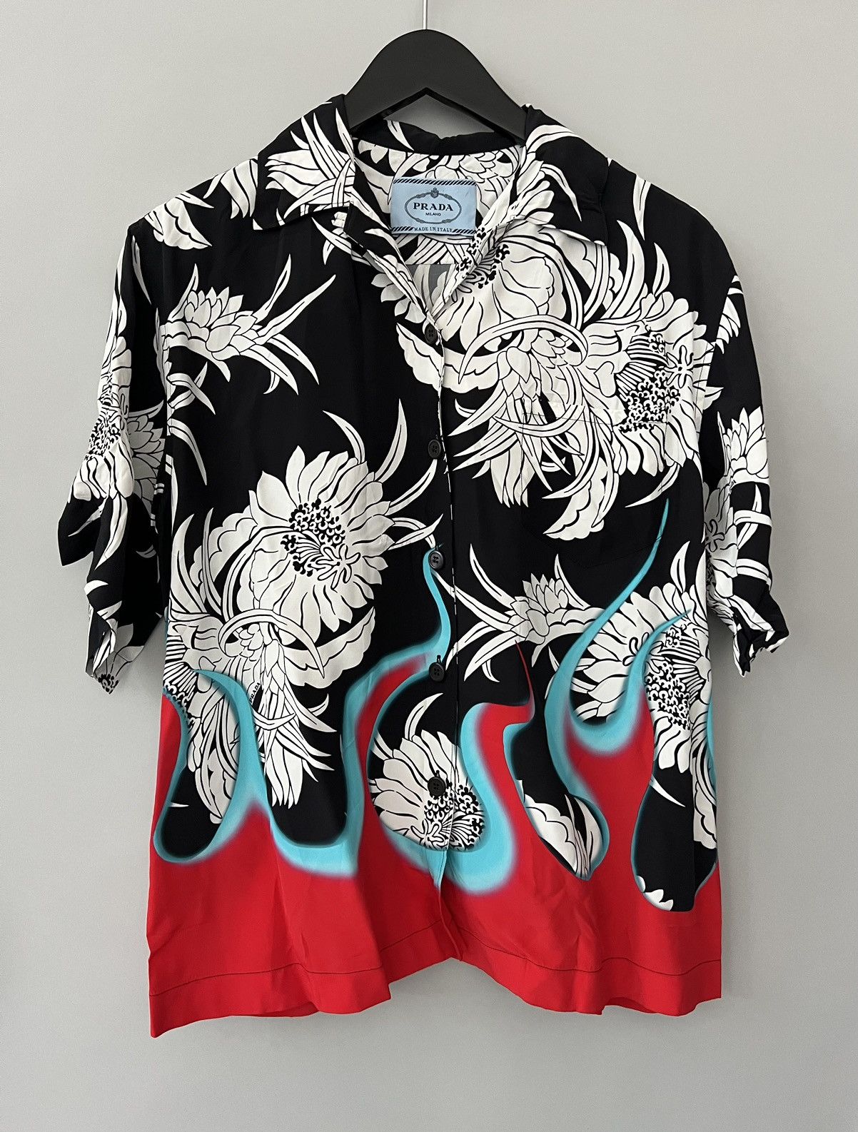 image of Prada Flame Floral Pattern Bowling Shirt in Black/White/Red, Men's (Size Small)