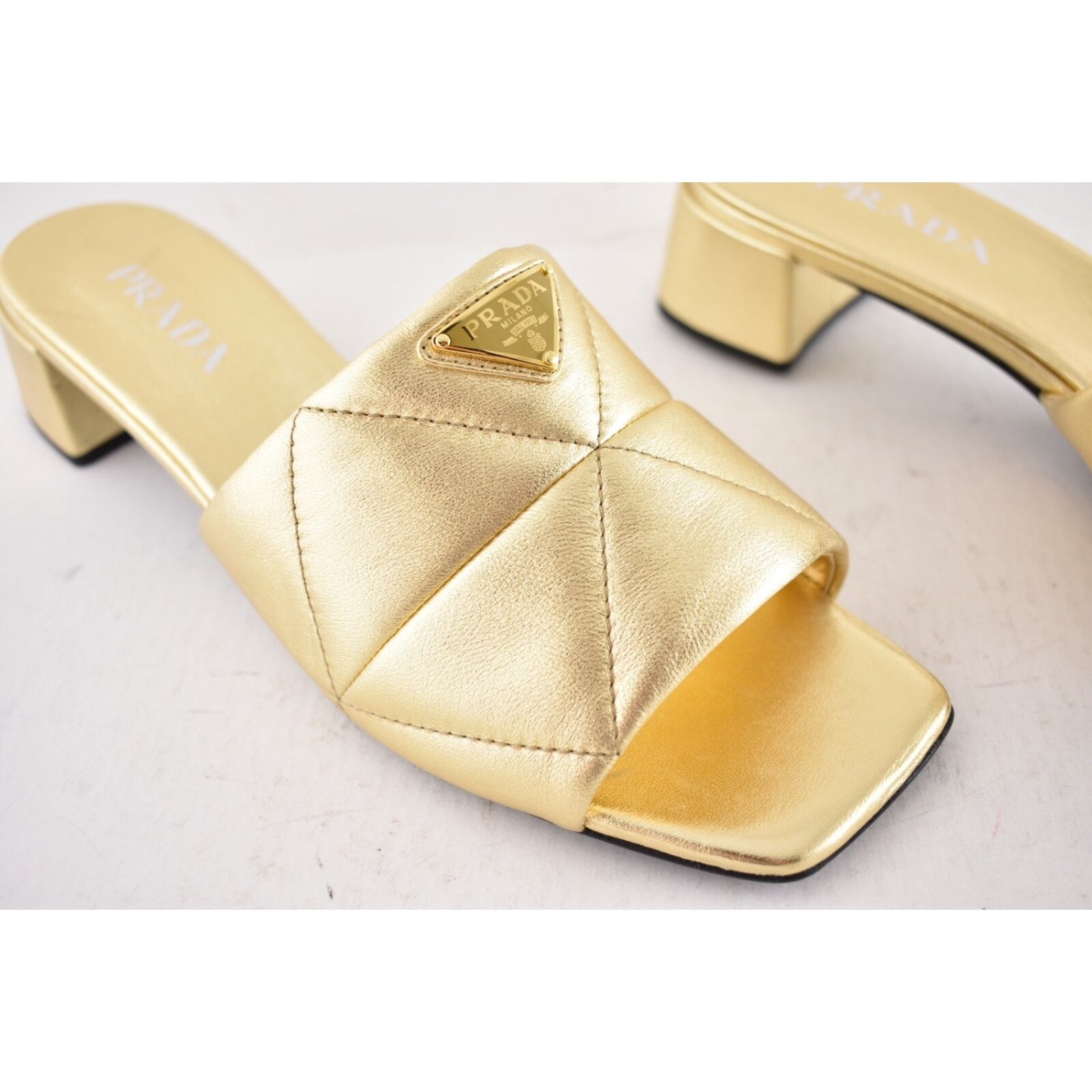 Prada Prada Quilted Leather Diagram Gold Slide Sandal Heel 40.5 Size US 10.5 / IT 40.5 - 5 Thumbnail