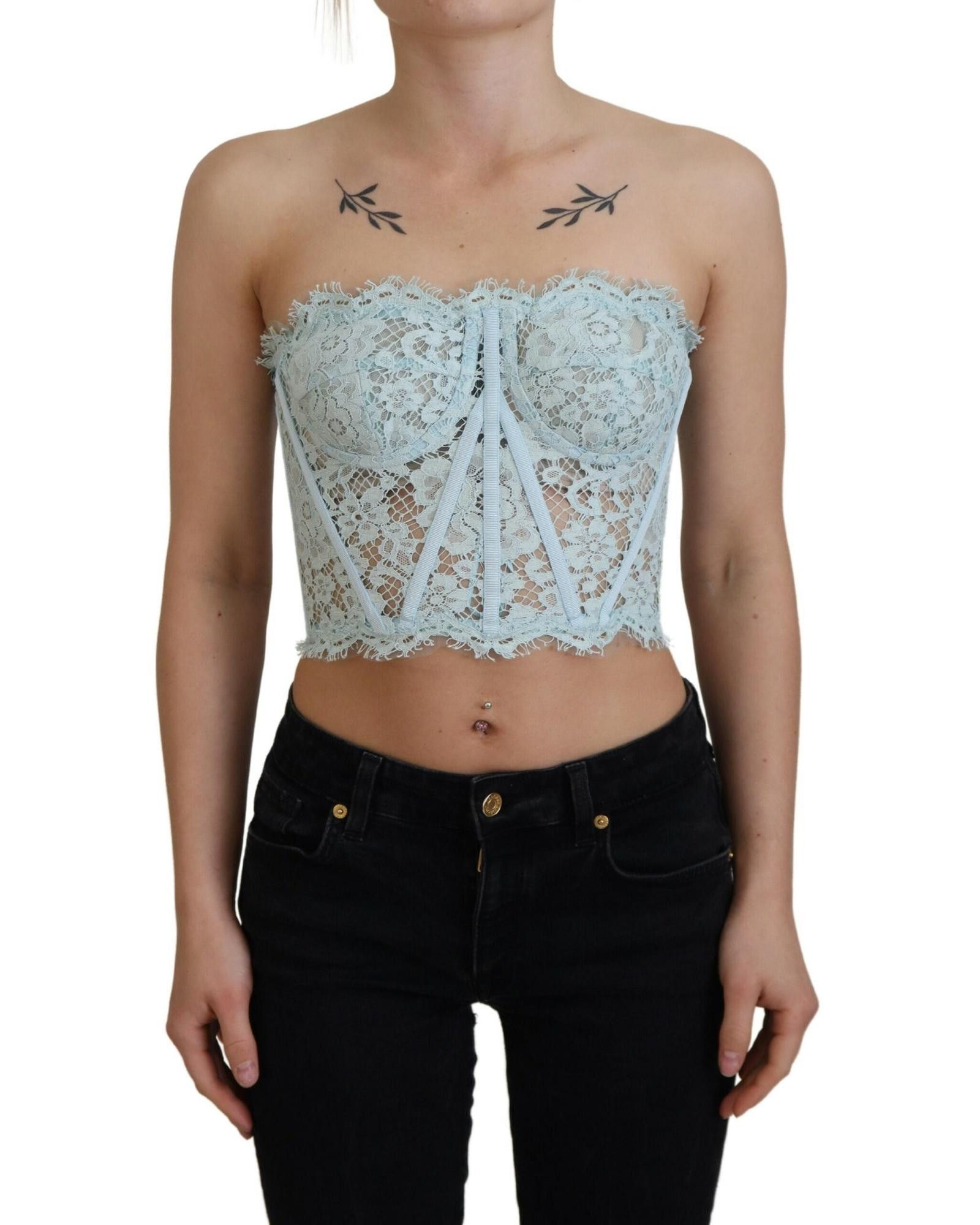 image of Dolce Gabbana Lace Trimmed Strapless Crop Top in Light Blue, Women's (Size XS)