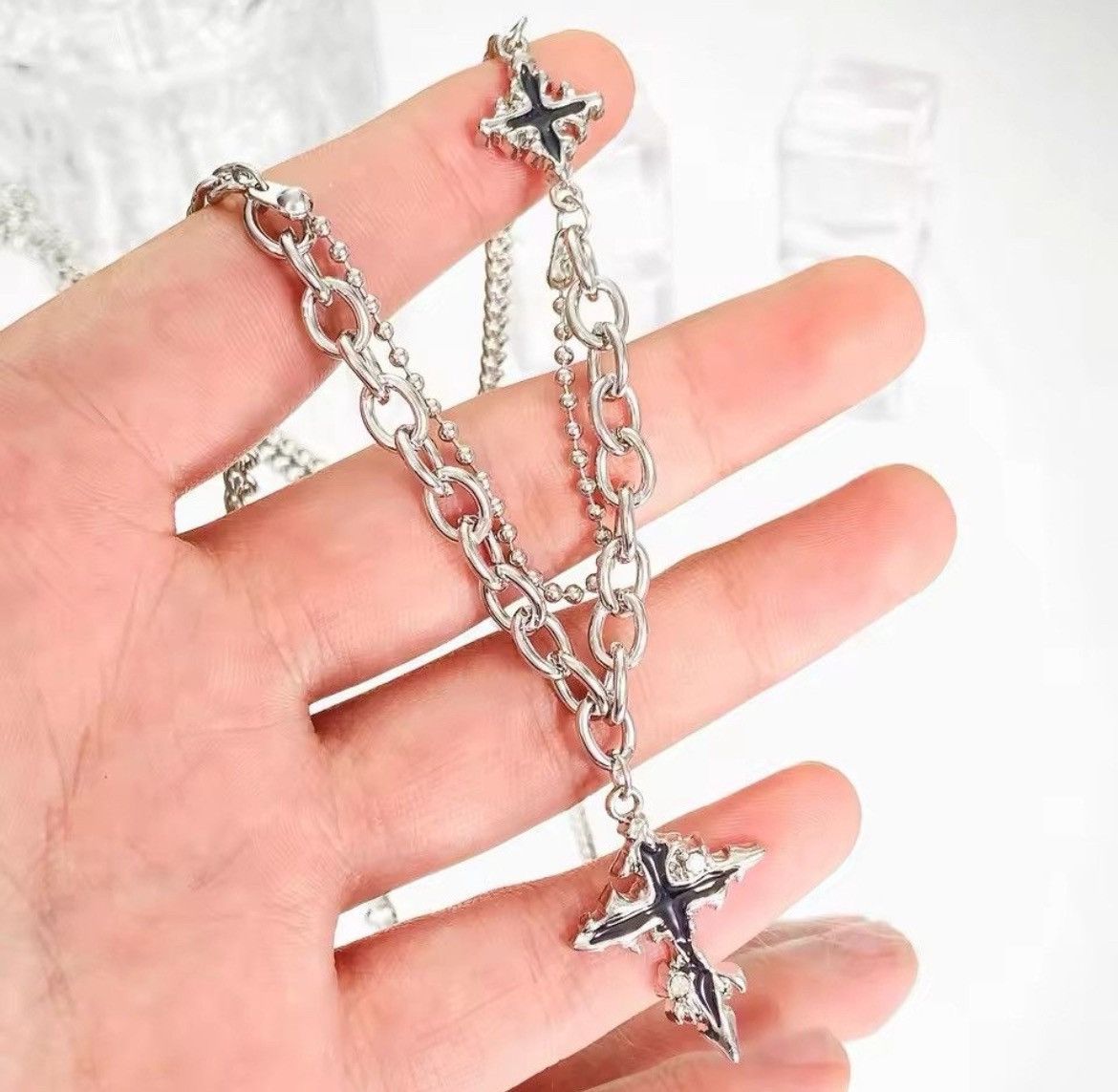 Japanese Brand × Jewelry Retro punk gothic melting cross layered chain necklace y2k Size ONE SIZE - 2 Thumbnail