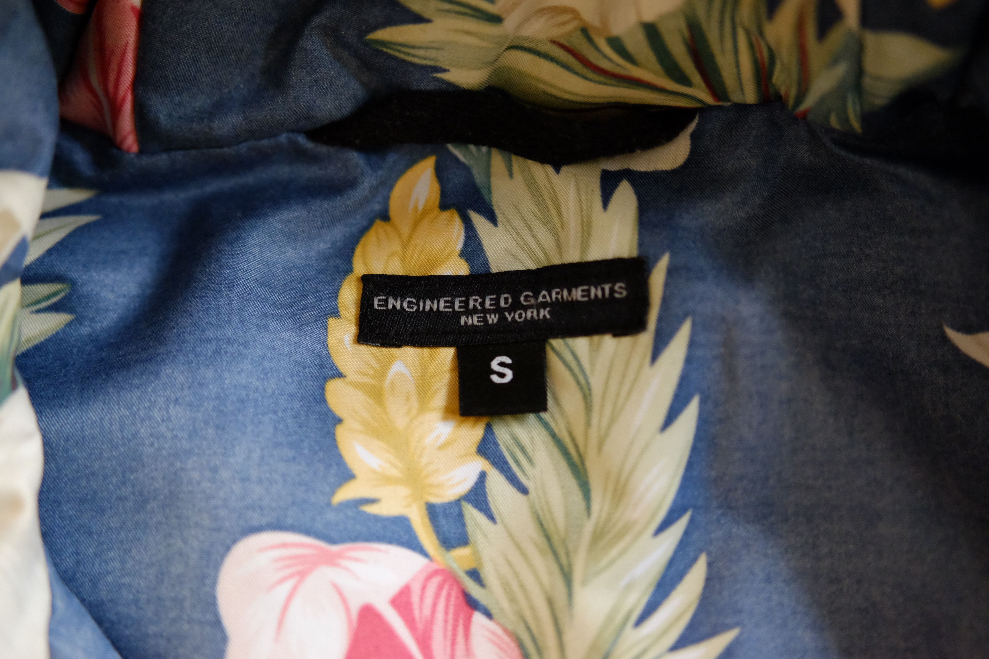Engineered Garments Navy Hooded Work Vest w/ Floral Lining