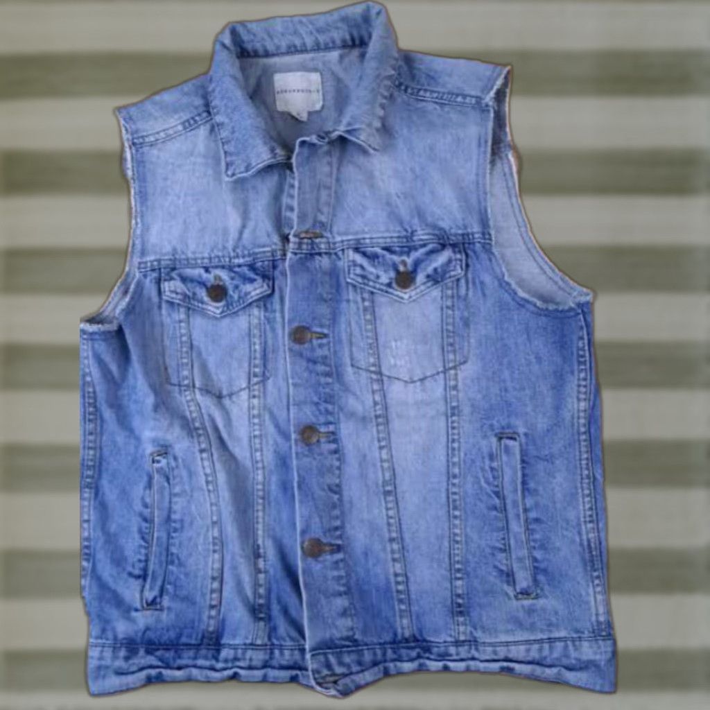 Aeropostale VINTAGE Aeropostle Vest Unisex Adults L Blue Cotton Full Button Large Cut-Off Sleeve Biker 24in long 23in pit to pit Size 42R - 1 Thumbnail