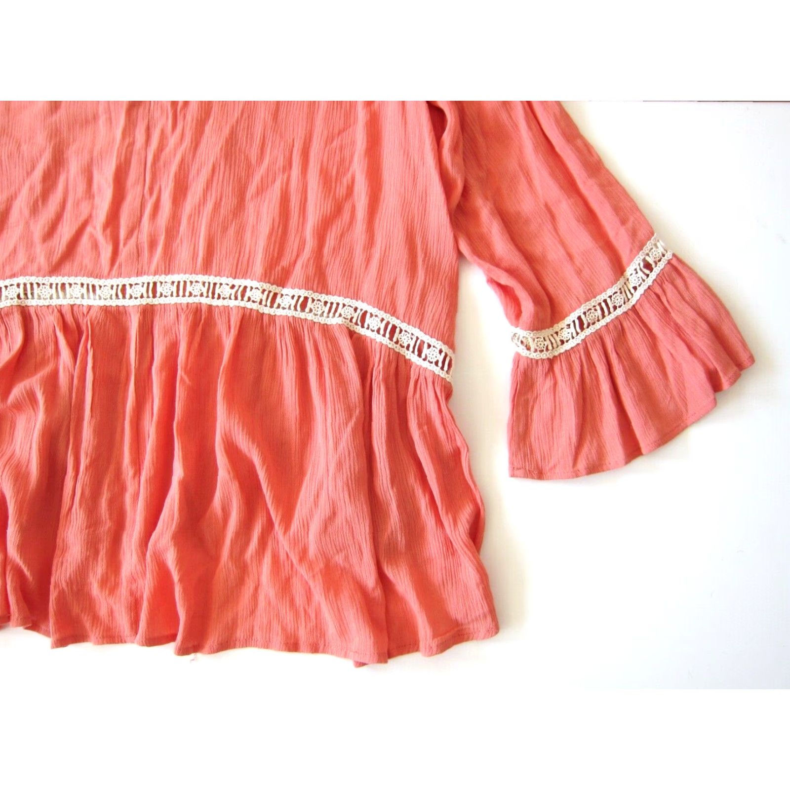 Vintage UMGEE Blouse Shirt Women Long Sleeve Tunic L Orange Ivory Lace Crochet Peasant V-Neck 100% Rayon Size L / US 10 / IT 46 - 6 Thumbnail