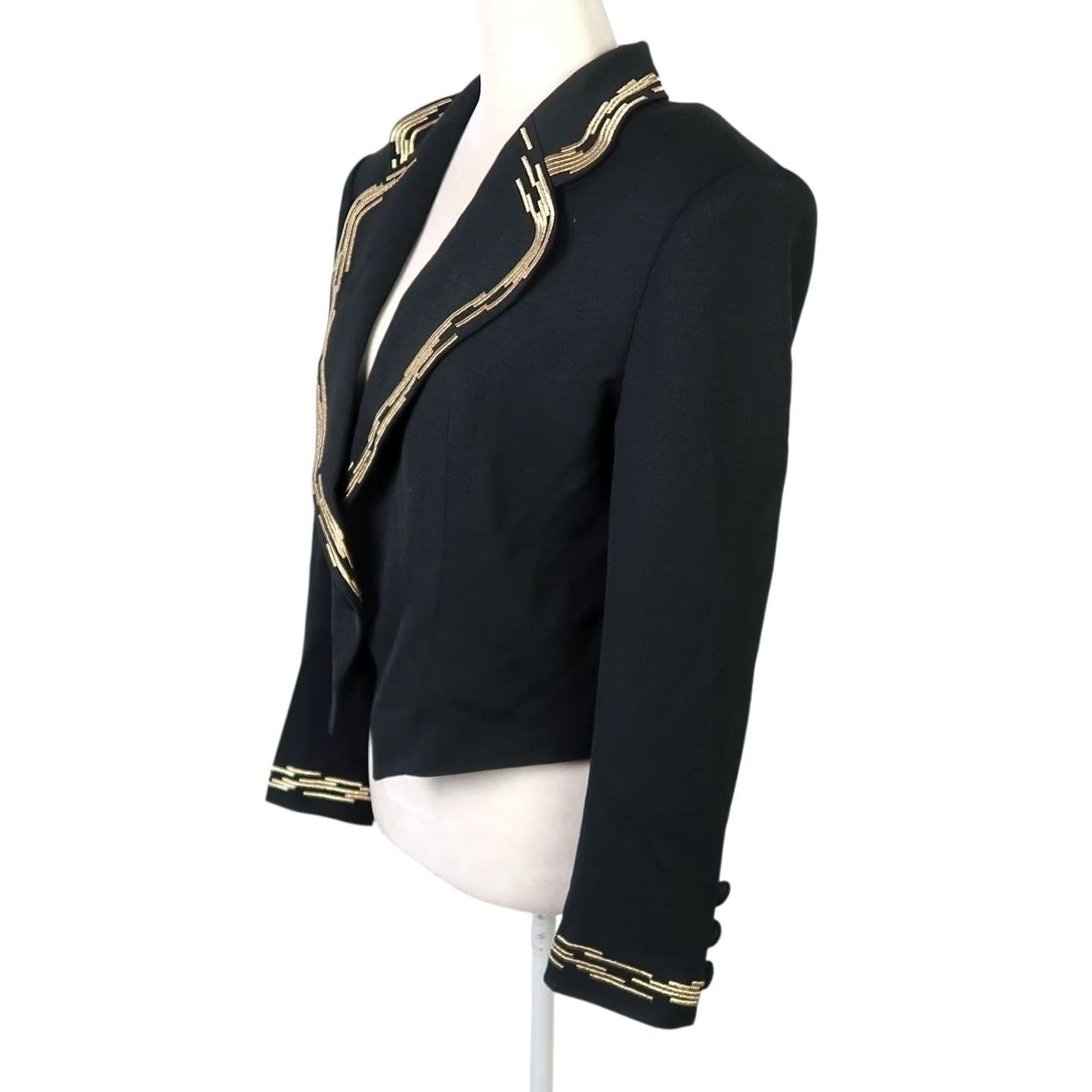 Vintage VINTAGE Suzelle Blazer Crop Jacket Black Gold Trim 90s Women's 4 Long Sleeve Button Short Satin/Acetate Glitter 80s 90s - Mens Womens Girls Boys Size S / US 4 / IT 40 - 3 Thumbnail